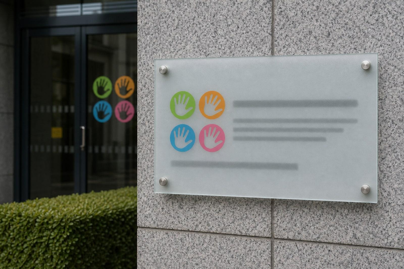 Verwaltungseingang der Zukunftskeess mit dem offiziellen Schild der Caisse pour l’avenir des enfants in Luxemburg
