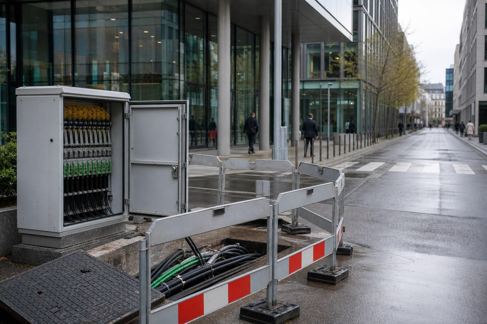 Unbranded telecom fiber cables and a utility cabinet on a damp Luxembourg business-district street outside modern glass offices.