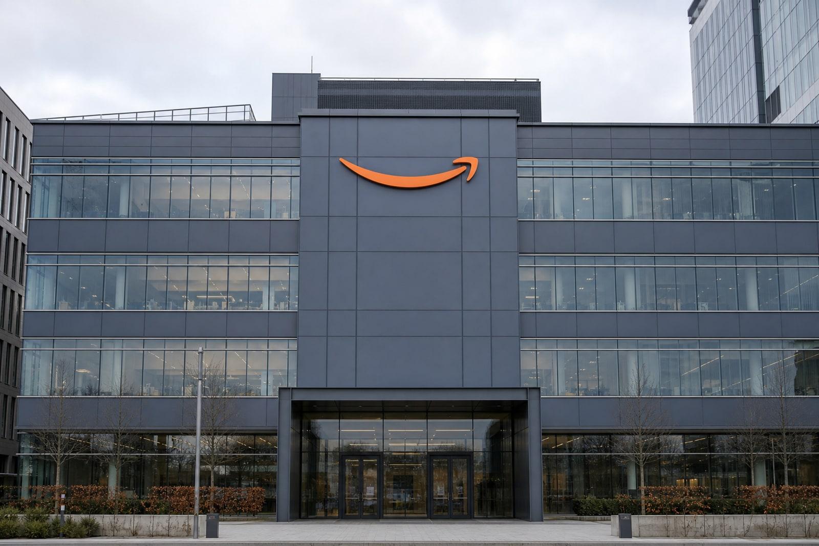 D'europäesch Zentral vun Amazon um Kirchberg zu Lëtzebuerg-Stad mam orange Smile-Feil-Emblem op der bloגro Fassad.
