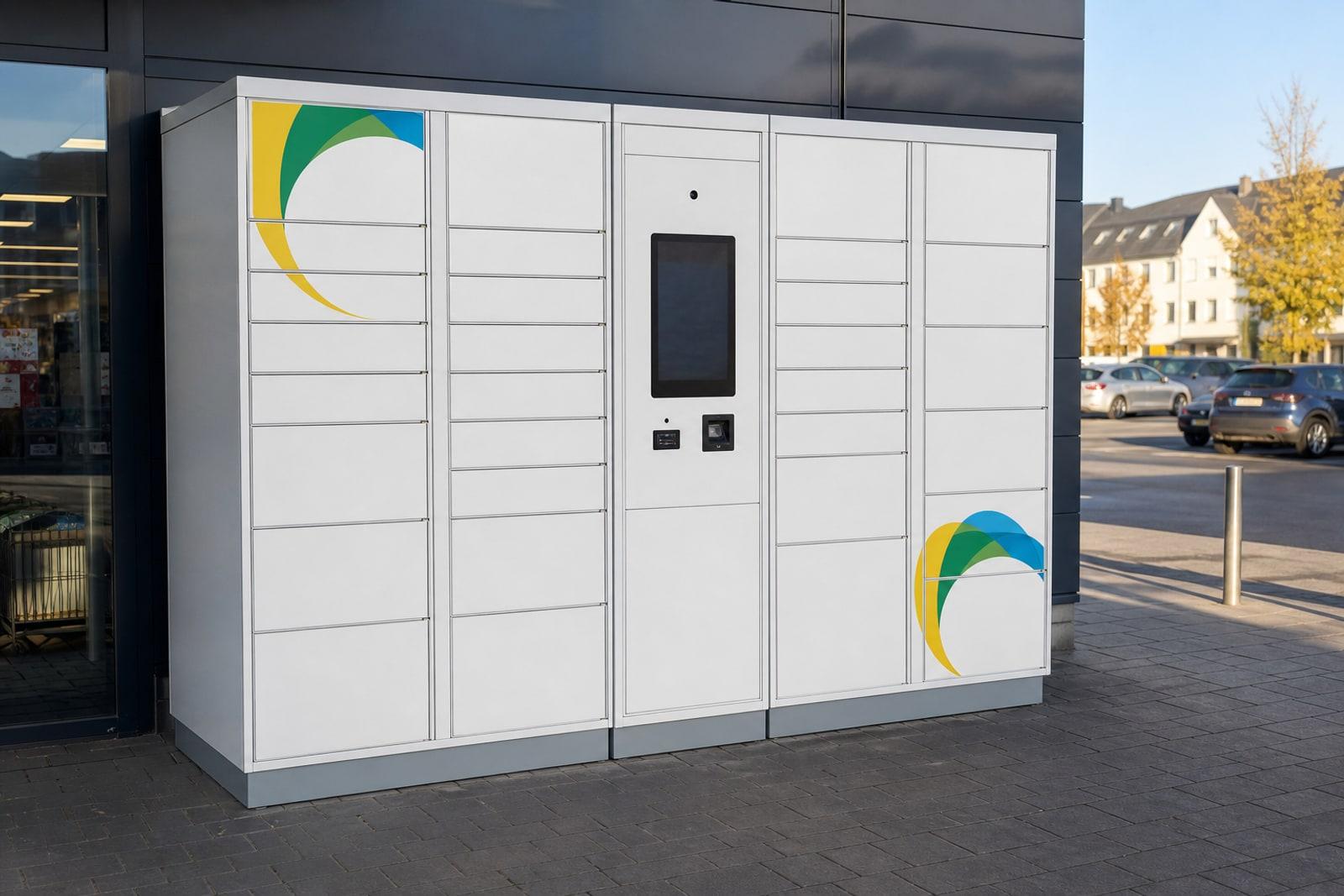 POST Luxembourg PackUp parcel lockers with white and light-grey compartments and green-yellow-blue circular livery stand outside a supermarket in soft morning light.