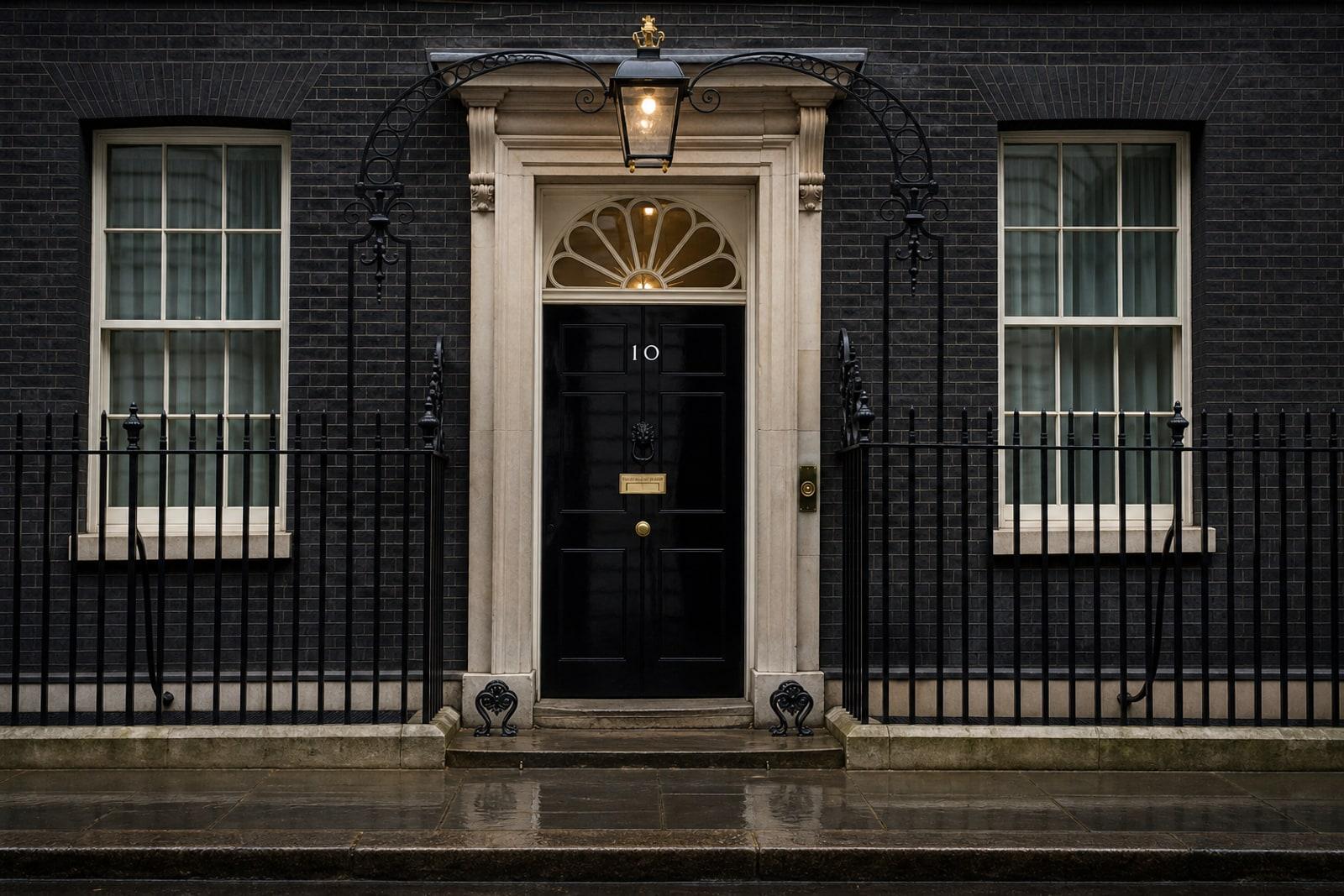 The black front door of 10 Downing Street with its white numerals and lion's-head knocker, framed by the dark brick terrace and an iron lamp.