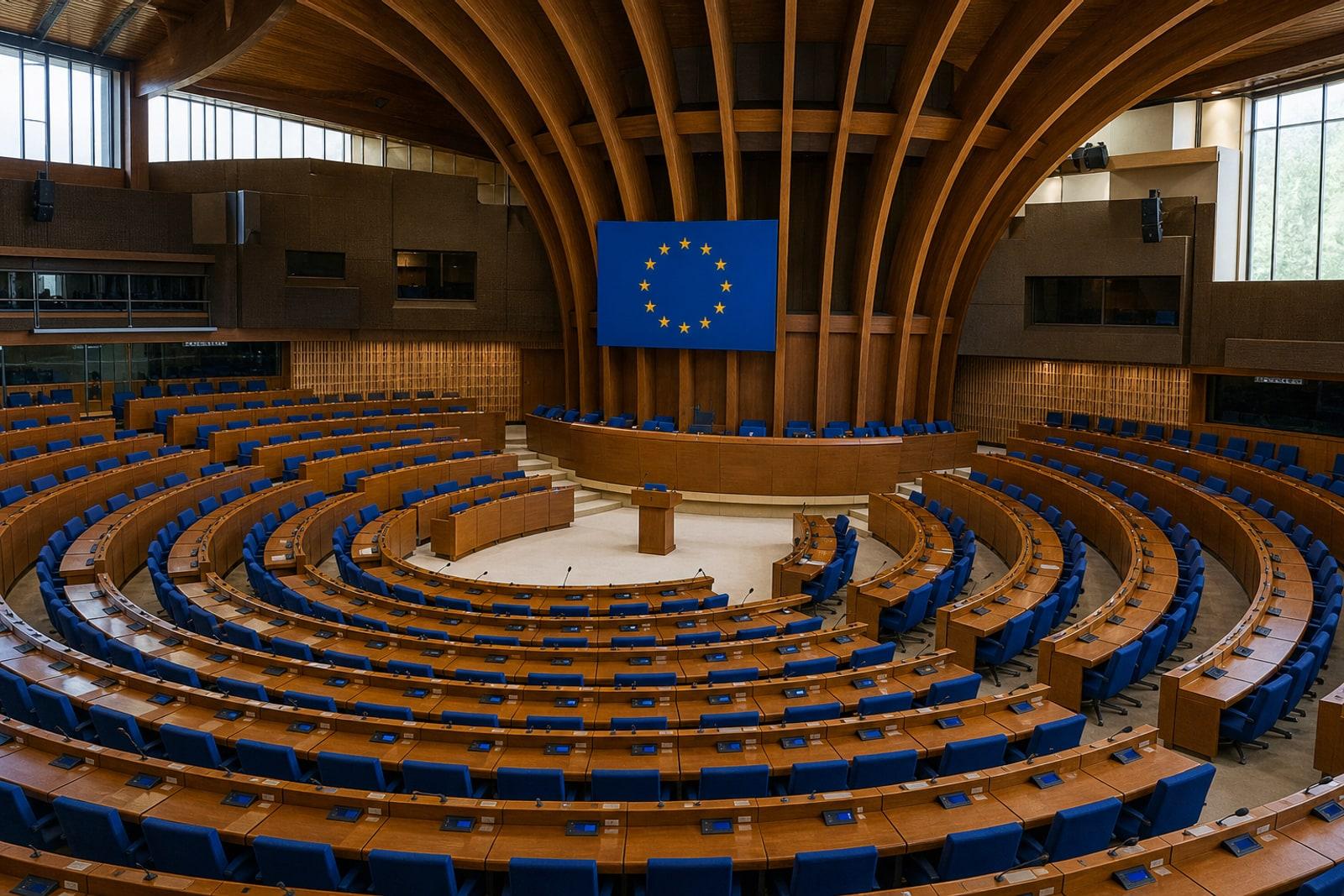 The semicircular debating chamber of the Council of Europe's Parliamentary Assembly in Strasbourg, with tiered wooden desks facing a central speaker's rostrum beneath the European emblem.