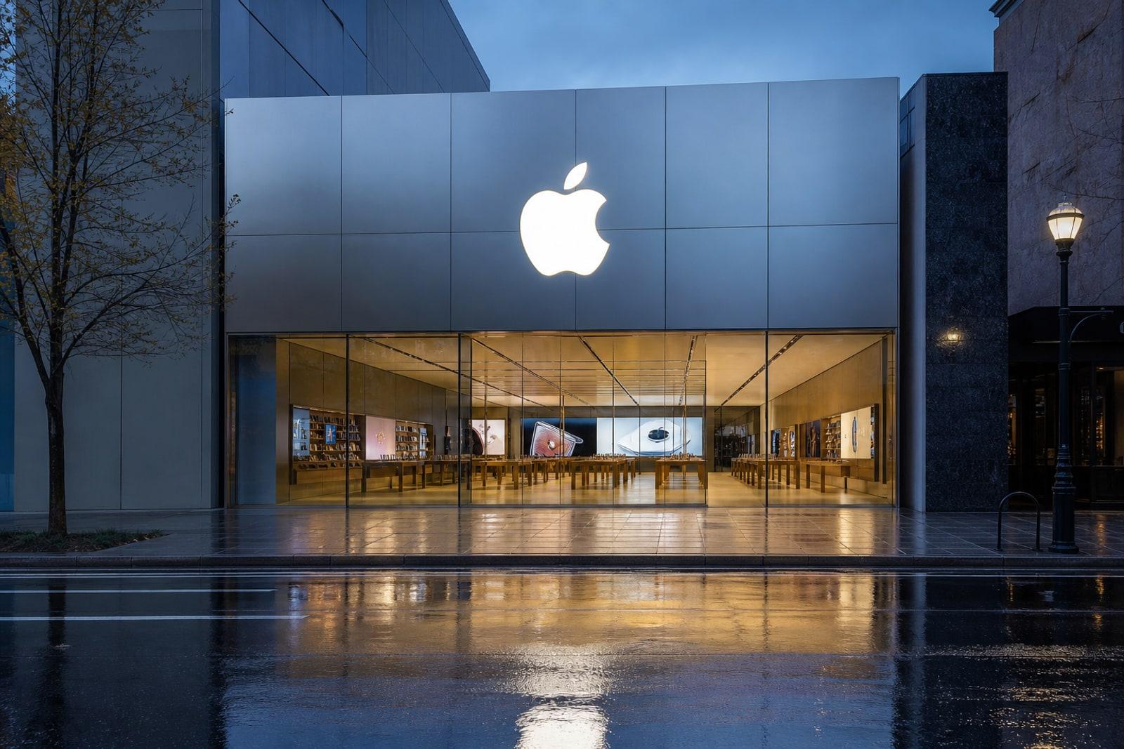 An Apple retail store facade of glass and aluminium beneath the illuminated white Apple logo at dusk.