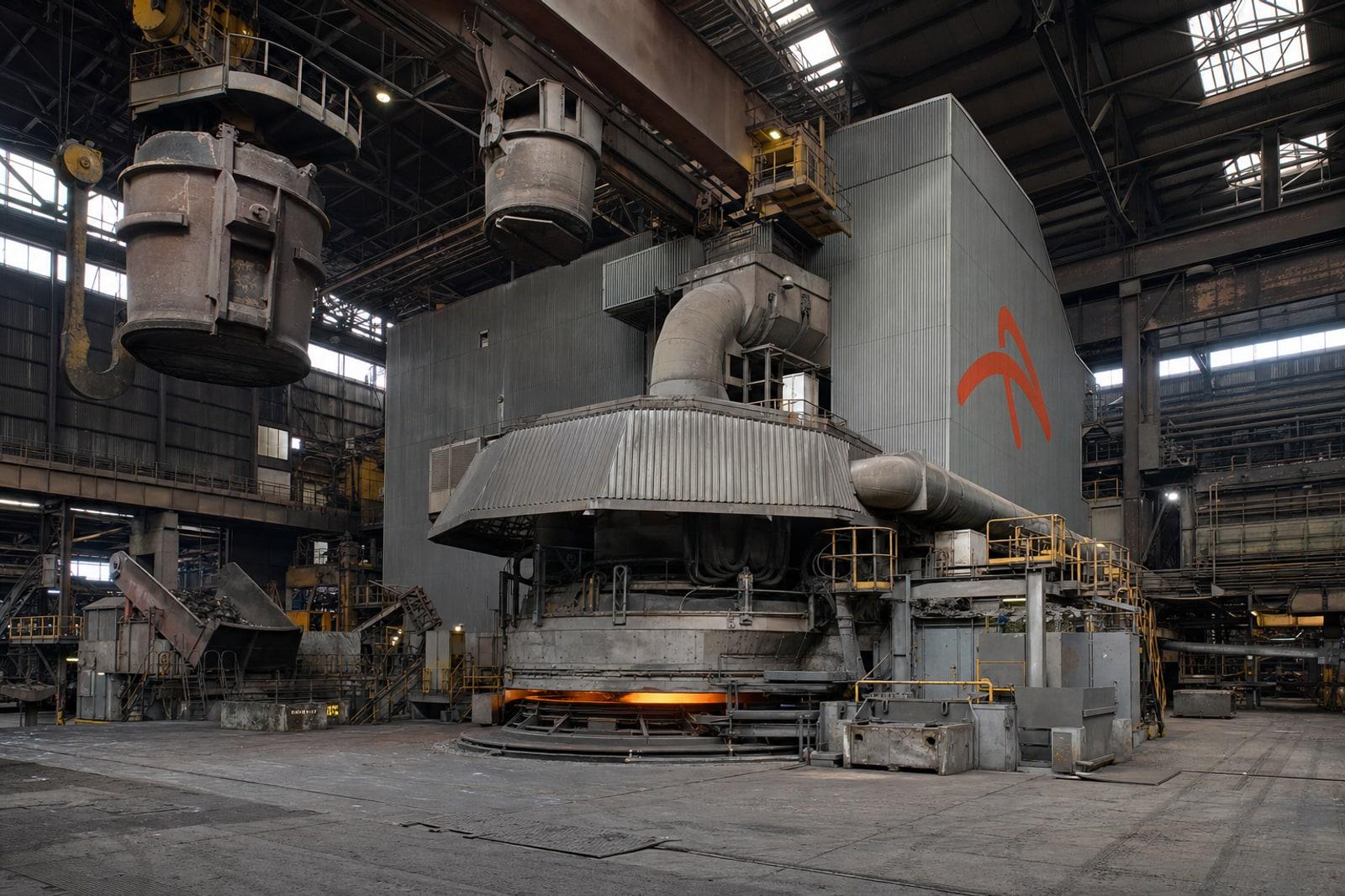 Schrott gëtt am Elektrolichtbouuewen vun der ArcelorMittal-Schmelz zu Belval verschafft