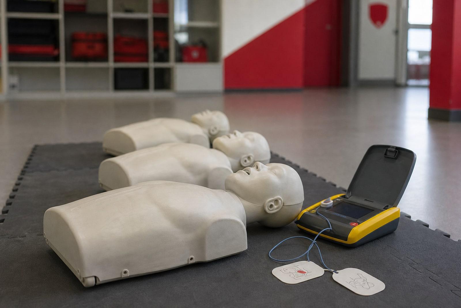 Standardiséiert CPR-Formatiounsmannequinen fir Erwuessener an en AED-Trainingsapparat an engem CGDIS-Éischt-Hëllef-Sall.