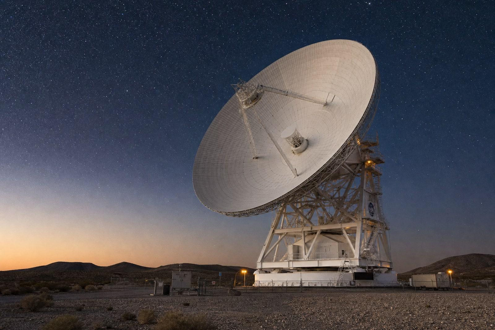 A large white steel deep-space radar dish in a desert, tilted toward a starry night sky, illustrating how astronomers track near-Earth asteroids.