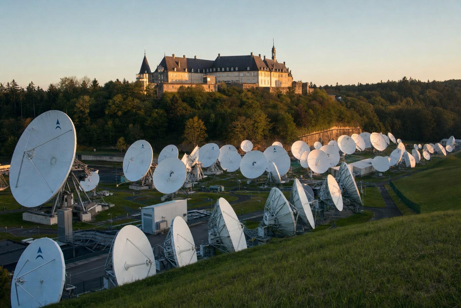 Rows of about 100 white satellite dishes on a green hillside below a slate-roofed château at golden hour.