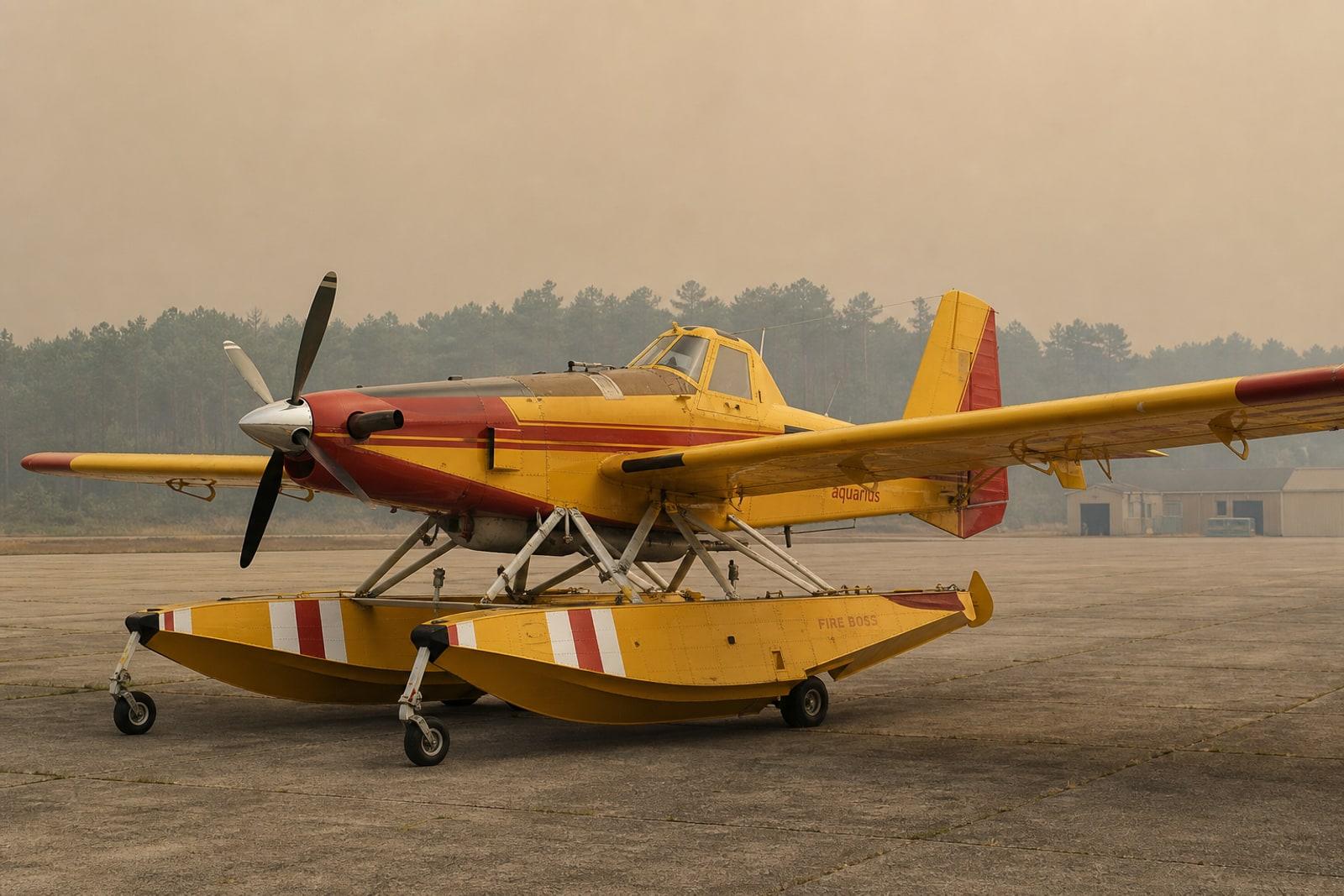 Avion amphibie jaune et rouge Aquarius Aerial Firefighting AT-802 Fire Boss en vol