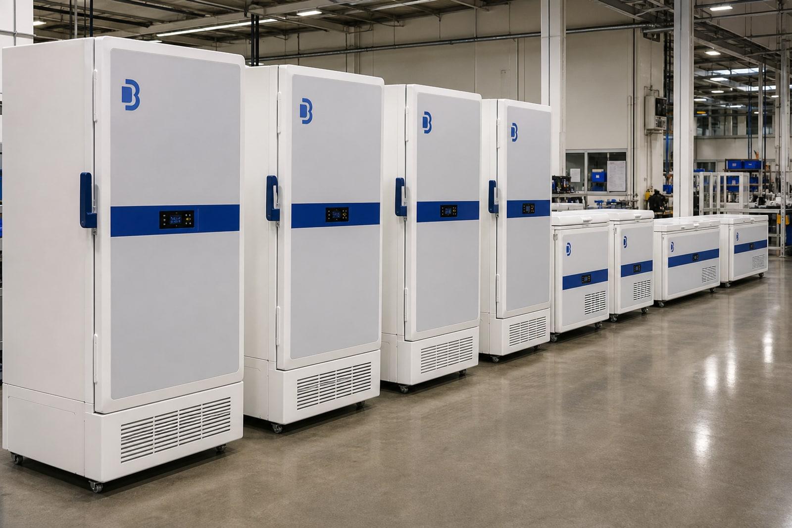 Réfrigérateurs médicaux blancs et congélateurs de chaîne du froid B Medical Systems, aux couleurs bleues de la marque, sur la chaîne de production de l'usine de Hosingen.