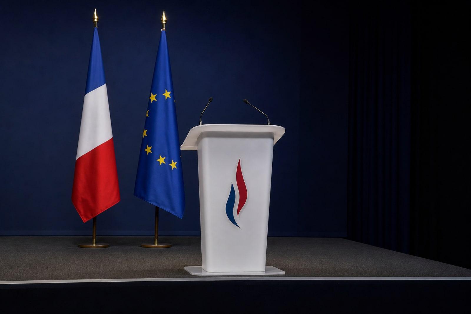 An empty speaker's lectern bearing the National Rally's blue flame emblem, flanked by a French flag and a European Union flag in a darkened conference hall.