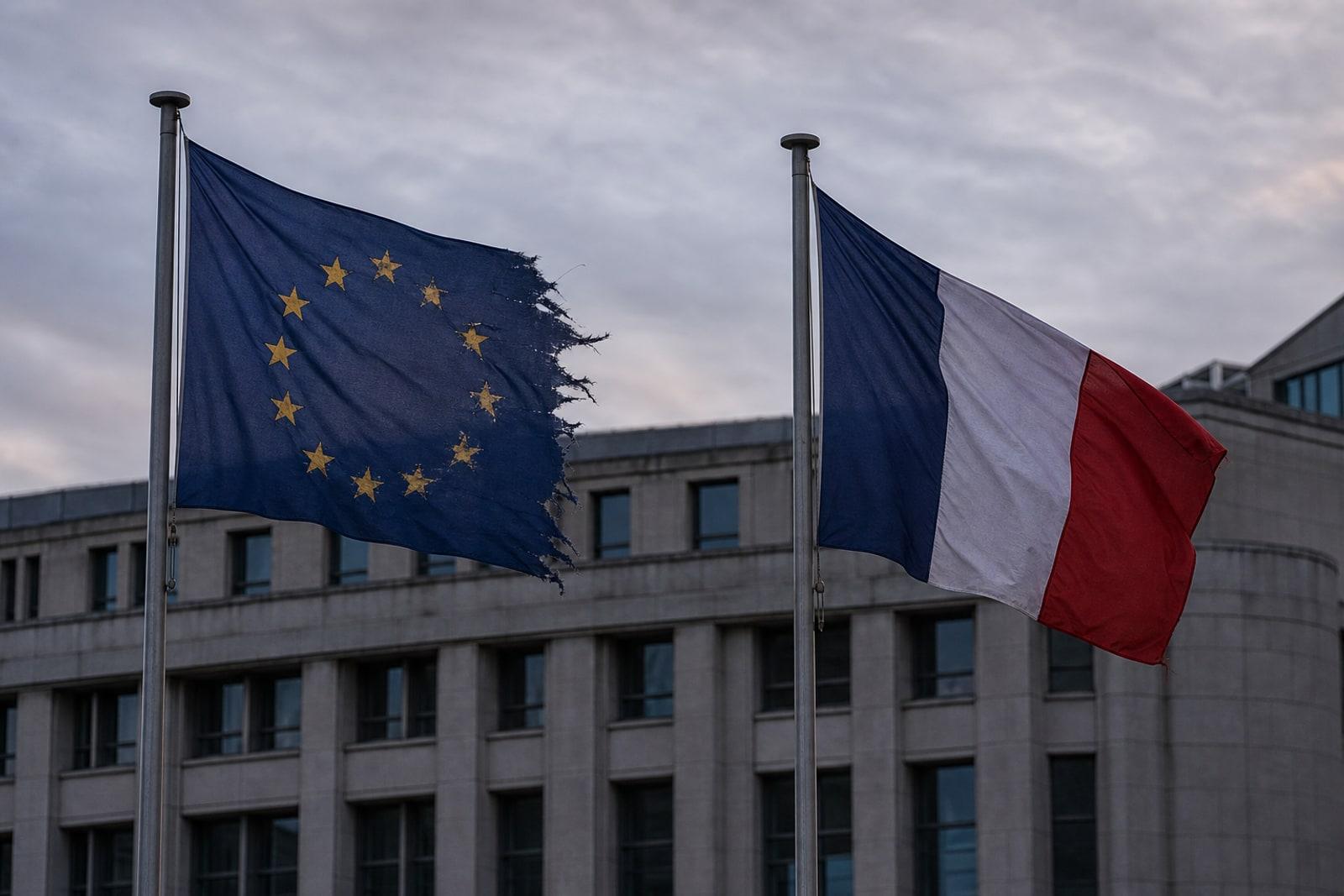 A frayed European Union flag with its circle of gold stars flying beside the French Tricolore on flagpoles outside a grey government building at dusk.