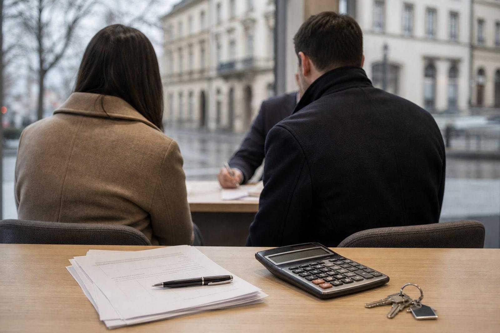 Anonymous borrowers sit in a Luxembourg bank office with mortgage papers, a calculator and house keys on the desk in the foreground.