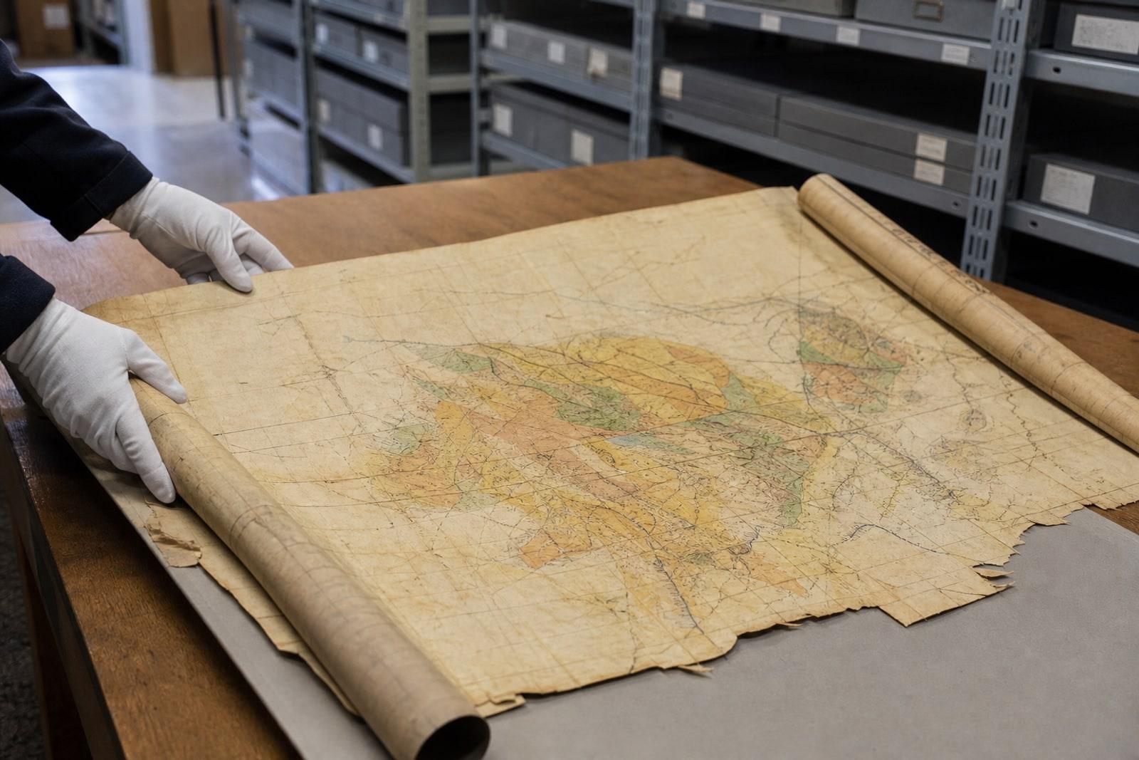 Gloved hands unrolling a faded hand-drawn colonial-era geological map of the Congo on a reading table in an archive, with rows of grey archival boxes on shelves behind