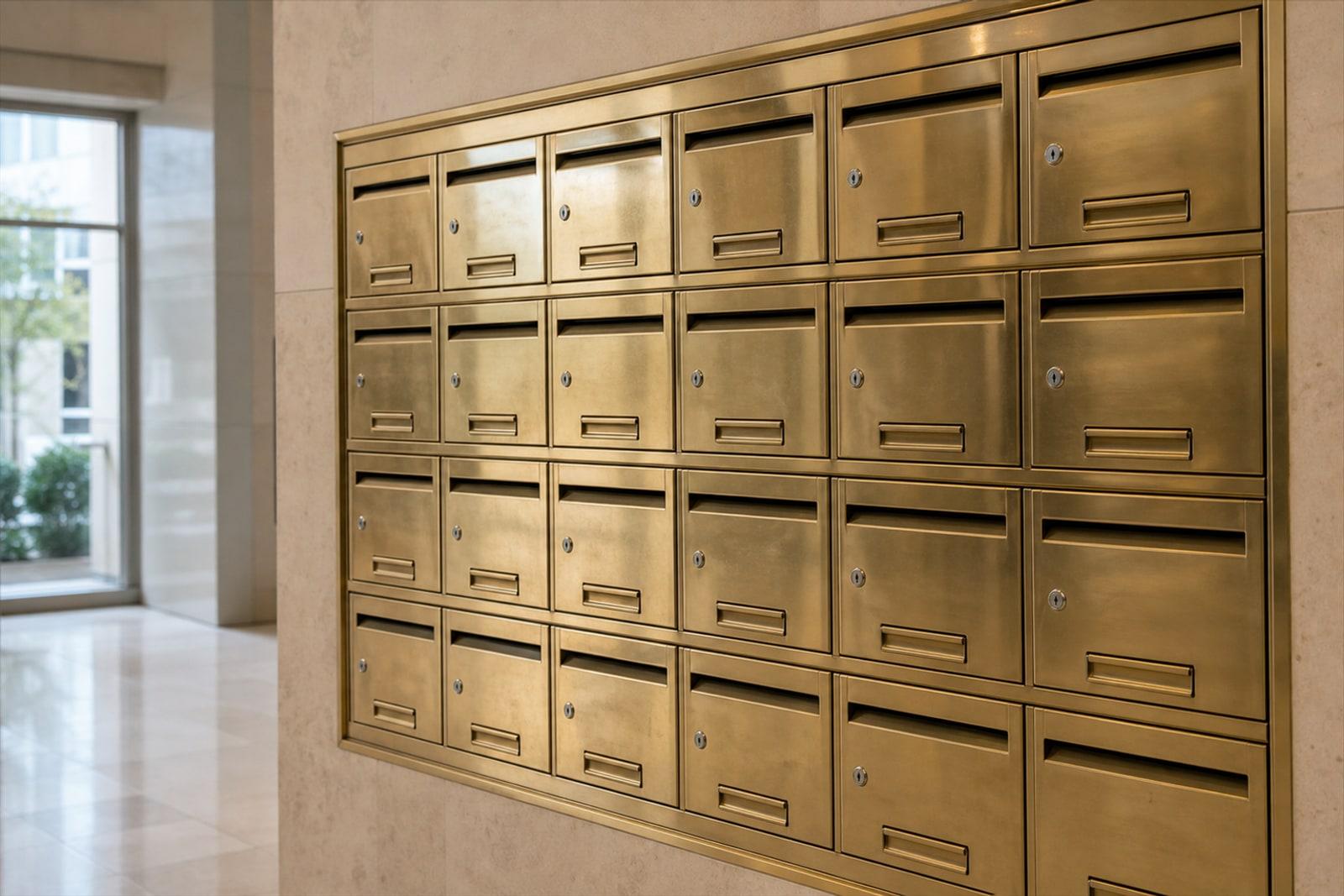 Rows of identical, unlabeled brass mailbox slots in a quiet Luxembourg office-building lobby.