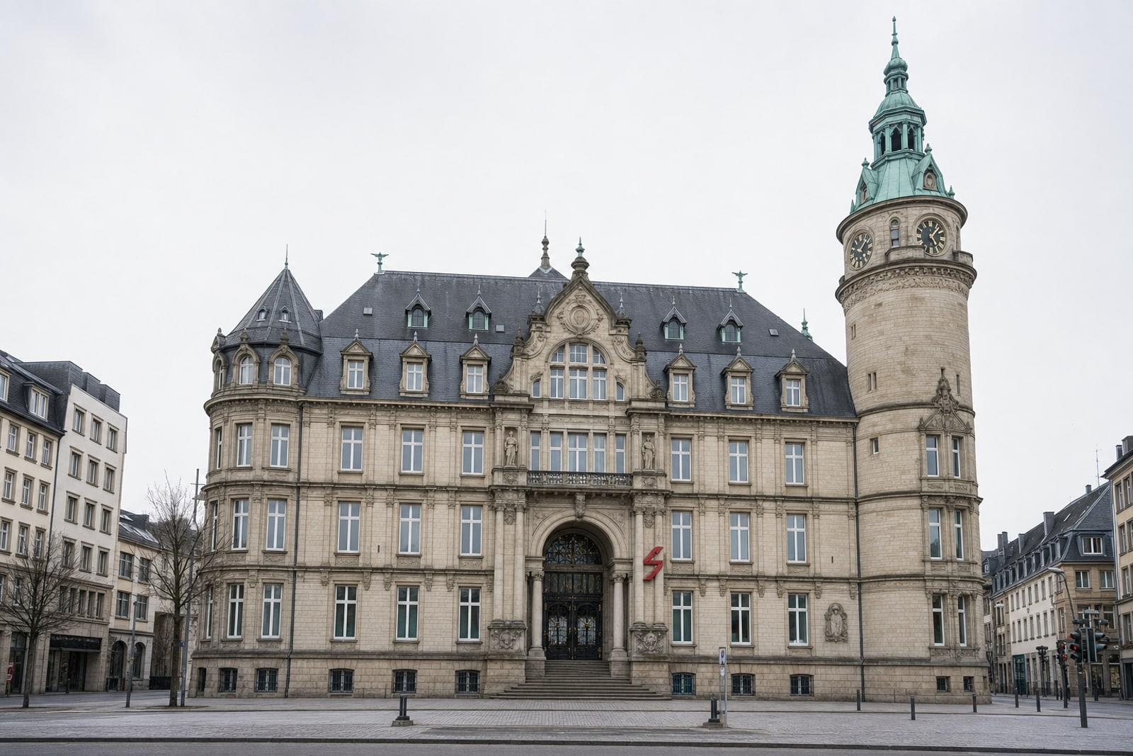 Den historesche Sëtz vun der Spuerkeess op der Plaz vu Metz zu Lëtzebuerg-Stad mat sengem Auer-Tuerm um Eck.