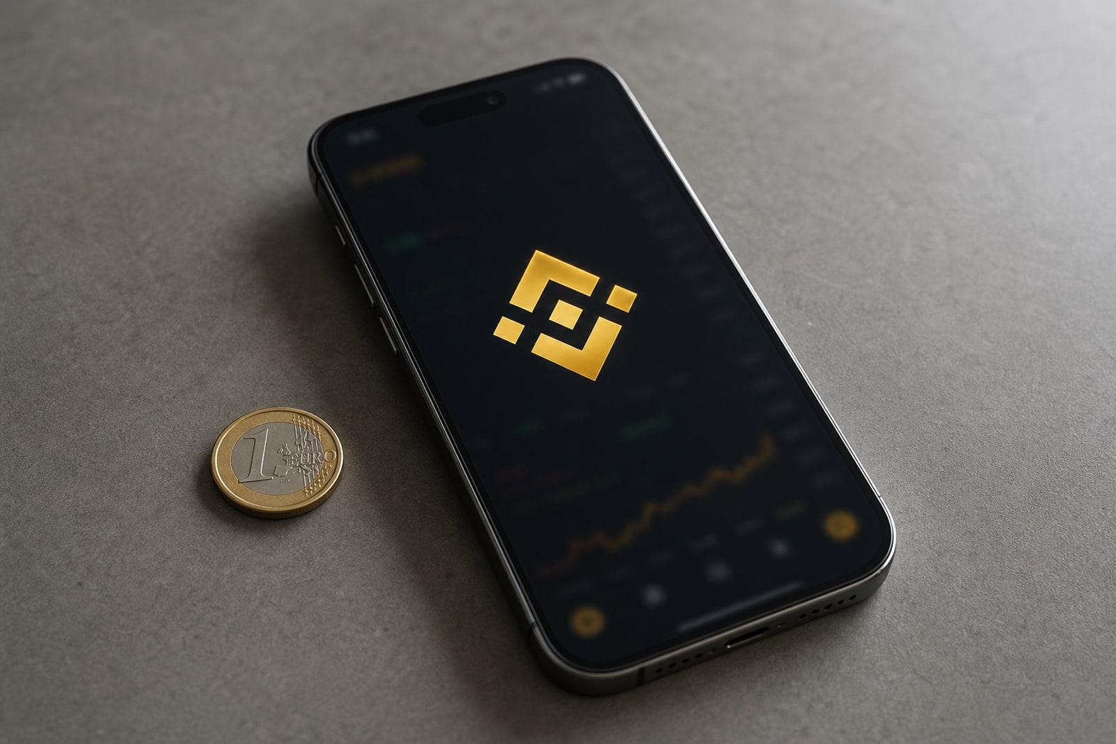 A smartphone on a desk showing the Binance app's black-and-gold interface with the company's gold diamond-shaped logo.