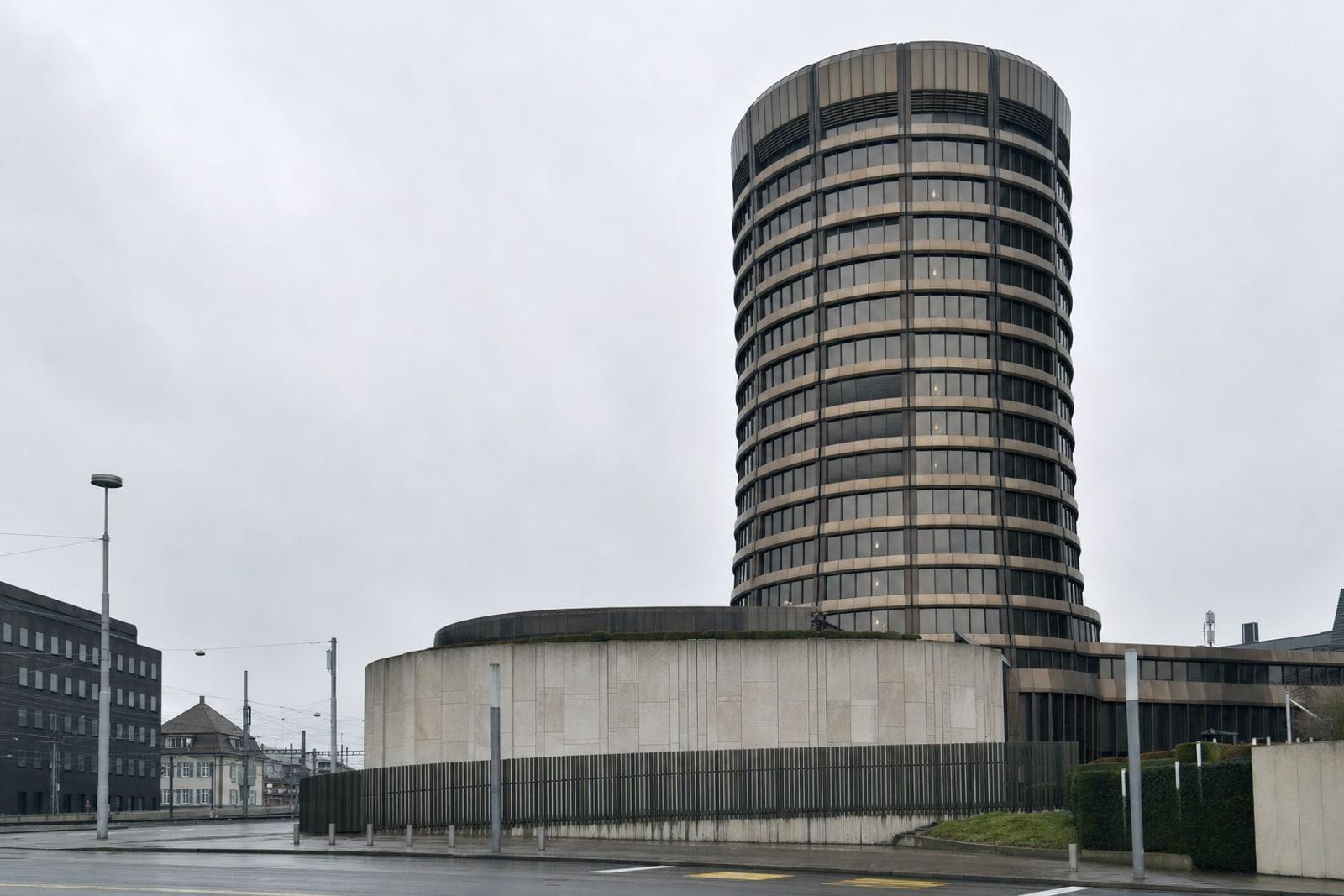 The cylindrical tower headquarters of the Bank for International Settlements in Basel, Switzerland.