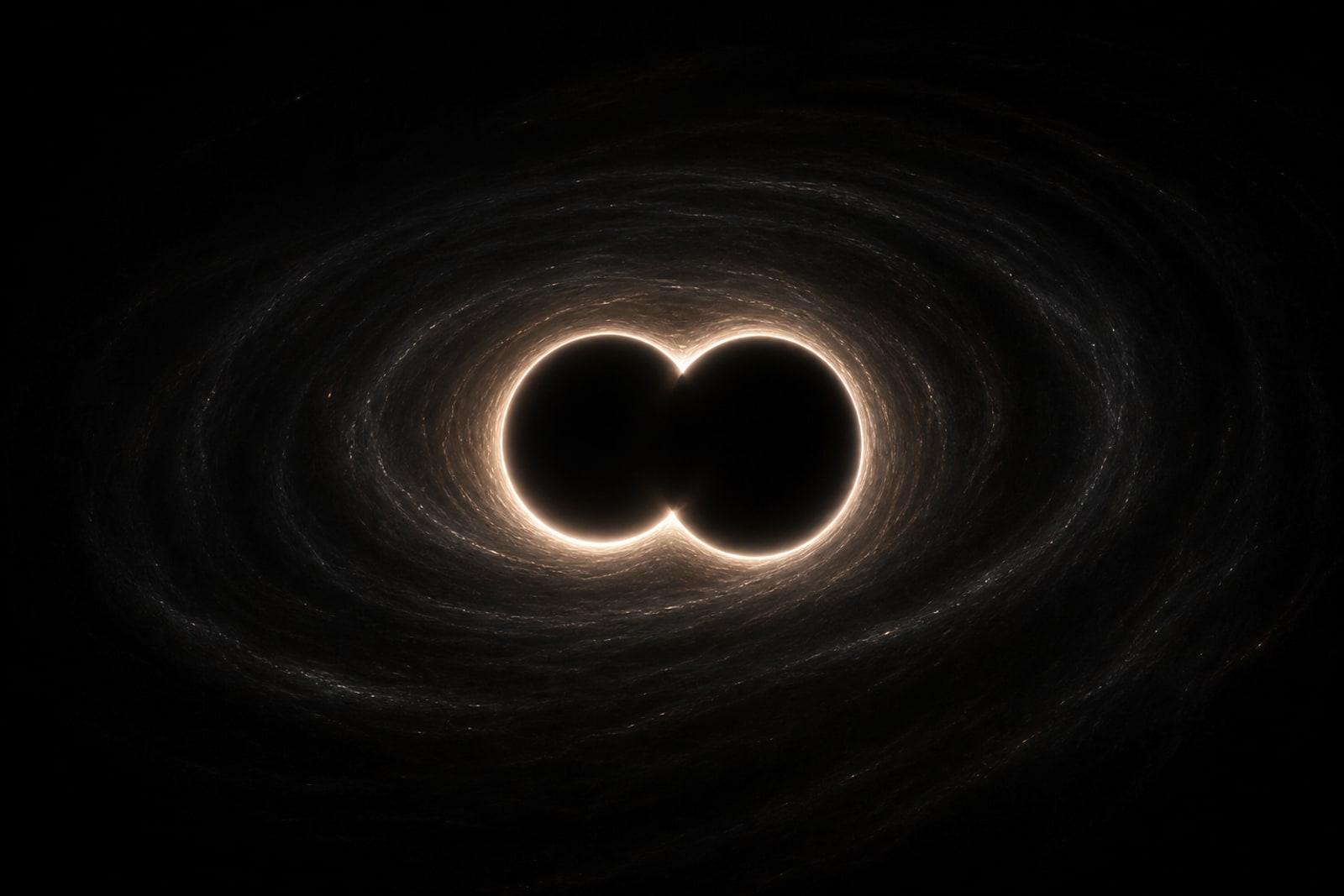 Illustrative visualisation of two merging black holes with a bright ring of lensed light and spiralling, distorted spacetime around the dark event horizon.