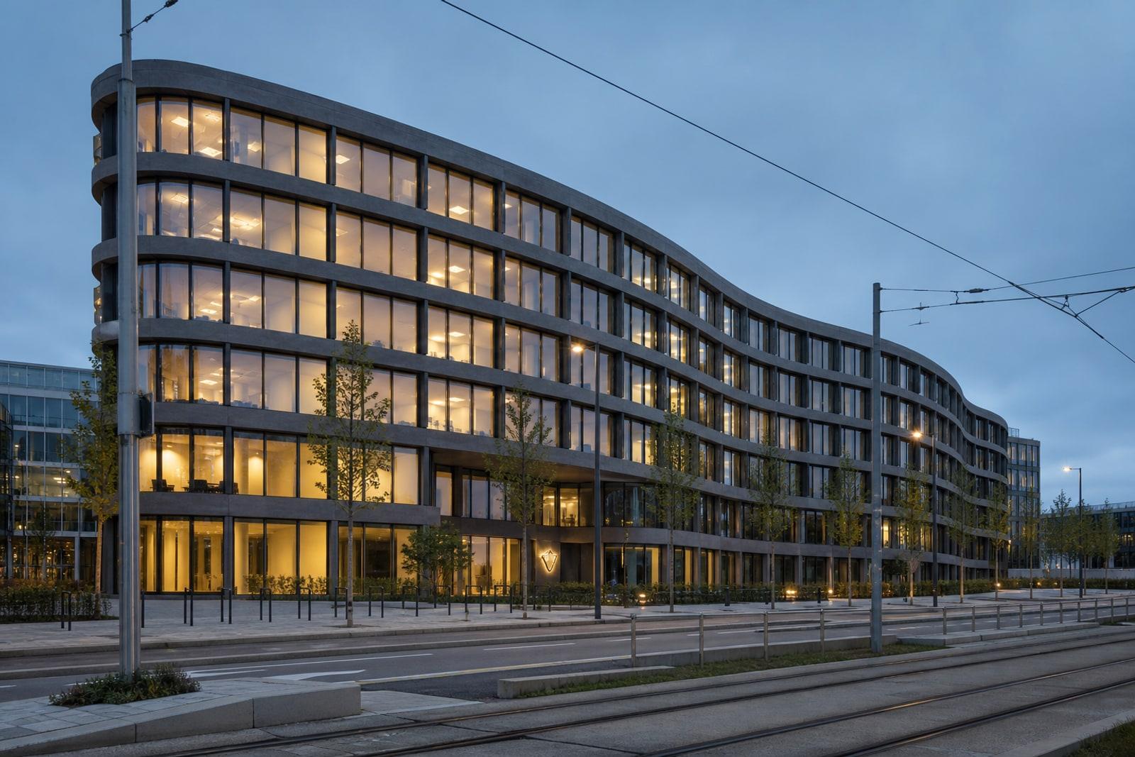Arendt House, the Arendt group's headquarters on avenue J.F. Kennedy in Kirchberg, Luxembourg City, at dusk
