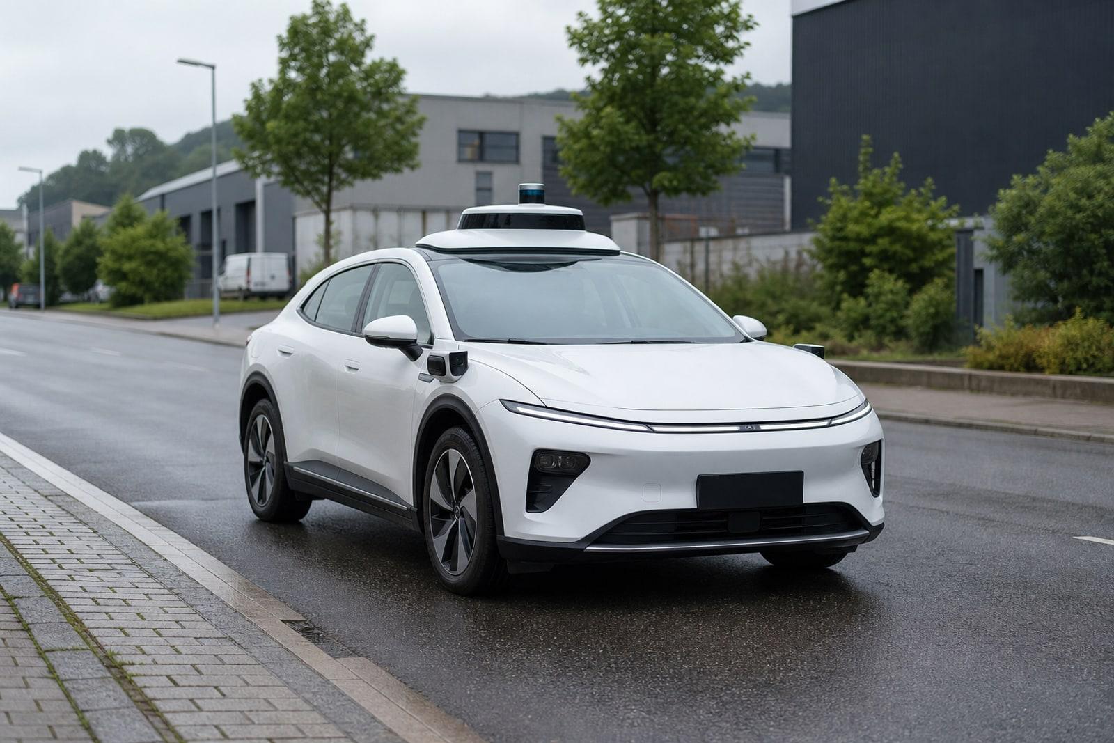 An unbranded sensor-equipped electric car on a quiet road in Bissen, Luxembourg, under overcast daylight.