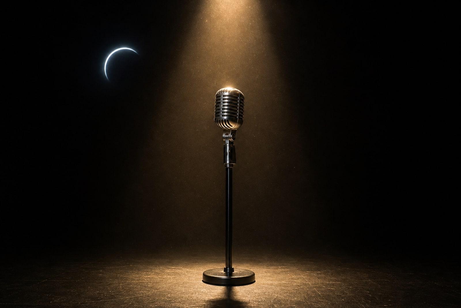 A lone microphone on a stand in a single spotlight on an empty, darkened concert stage, with a faint eclipse-like crescent of light behind it.