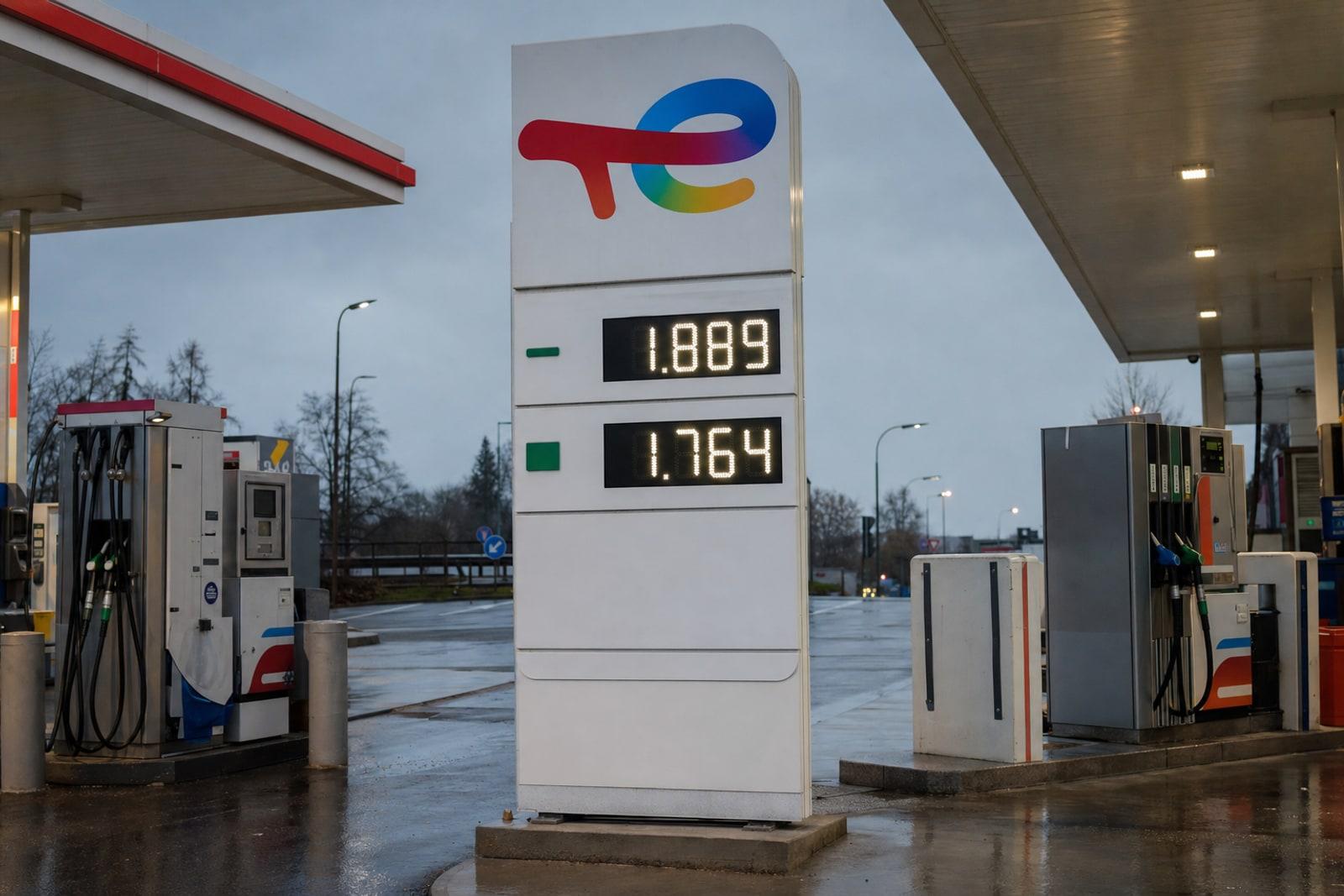 Luxembourg fuel-station price totem showing diesel at €1.889 and Super 95 at €1.764 per litre