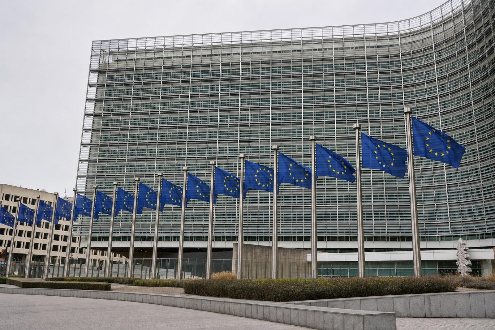 De Berlaymont-Gebai vun der EU-Kommissioun zu Bréissel mat der Rei EU-Fändele virdrun