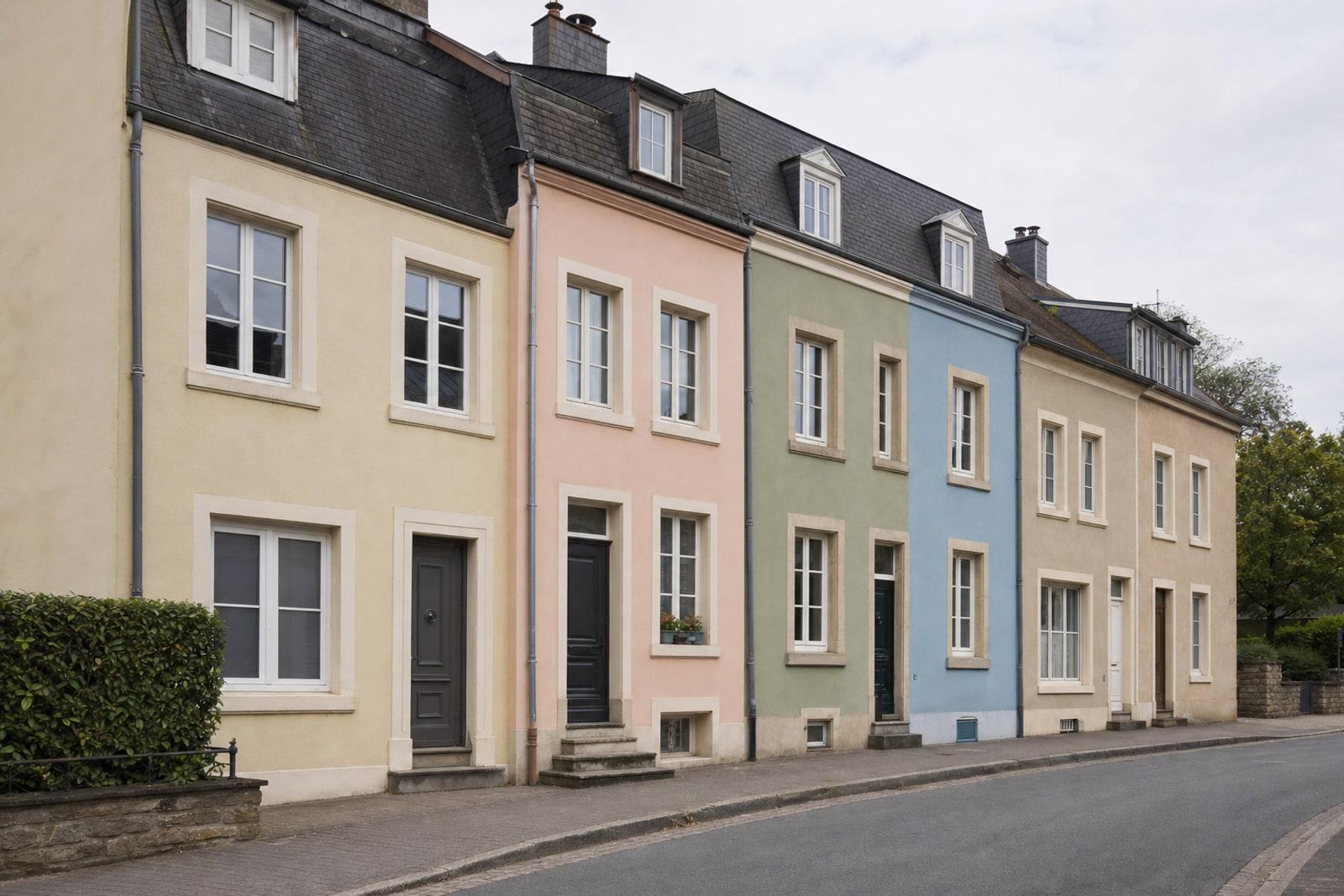 Façades de maisons de ville résidentielles alignées le long d'une rue calme de Luxembourg-Ville