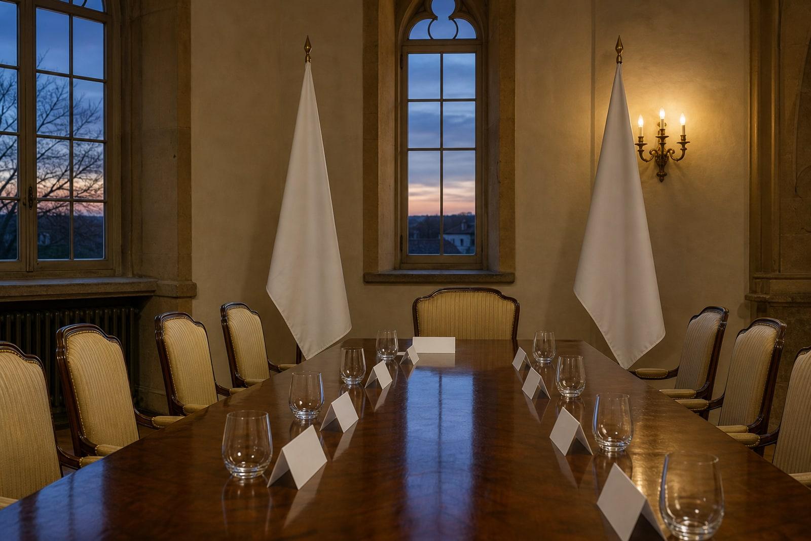 An empty formal meeting room in a historic castle, set with a polished table, water glasses and two plain flag stands by a tall window.