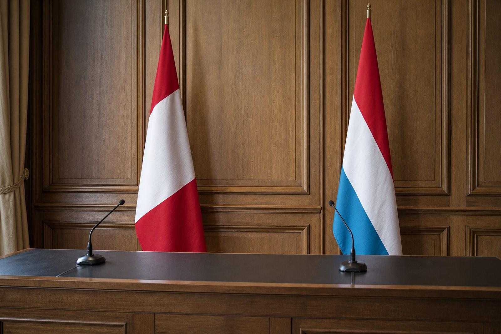 An empty bilateral press-conference dais with two microphones and two plain national flags in a wood-panelled government room.