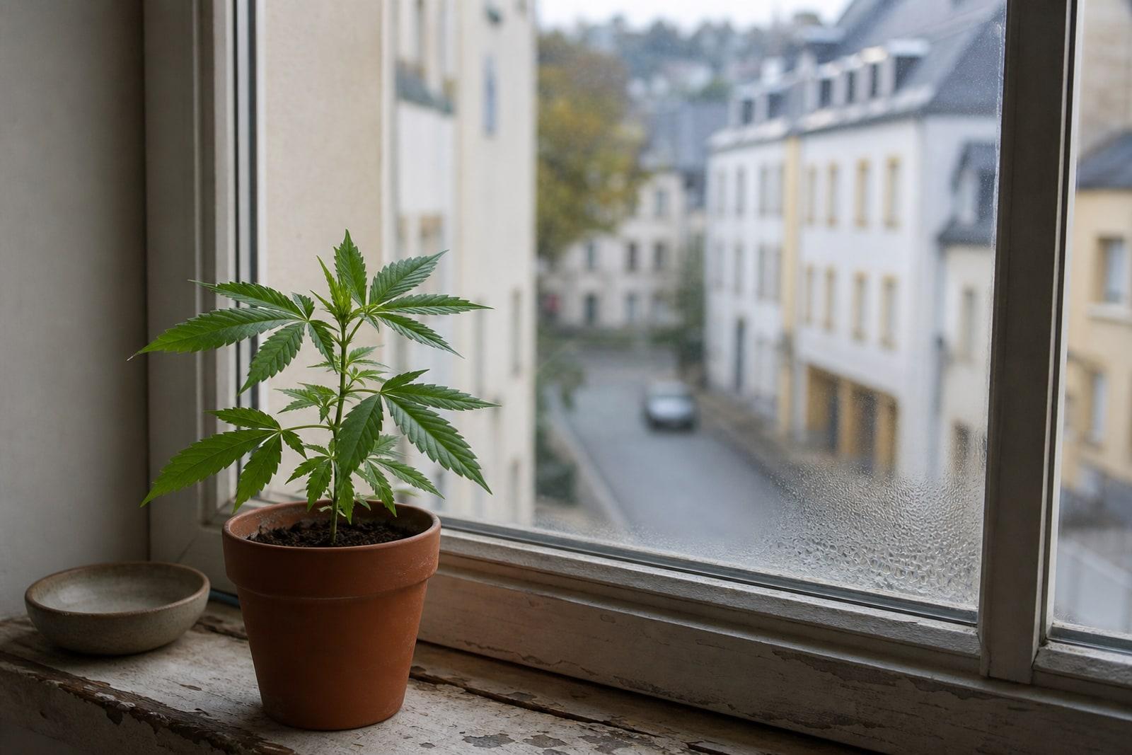 A small cannabis plant in a terracotta pot sits on an apartment windowsill with a softly blurred Luxembourg street outside.