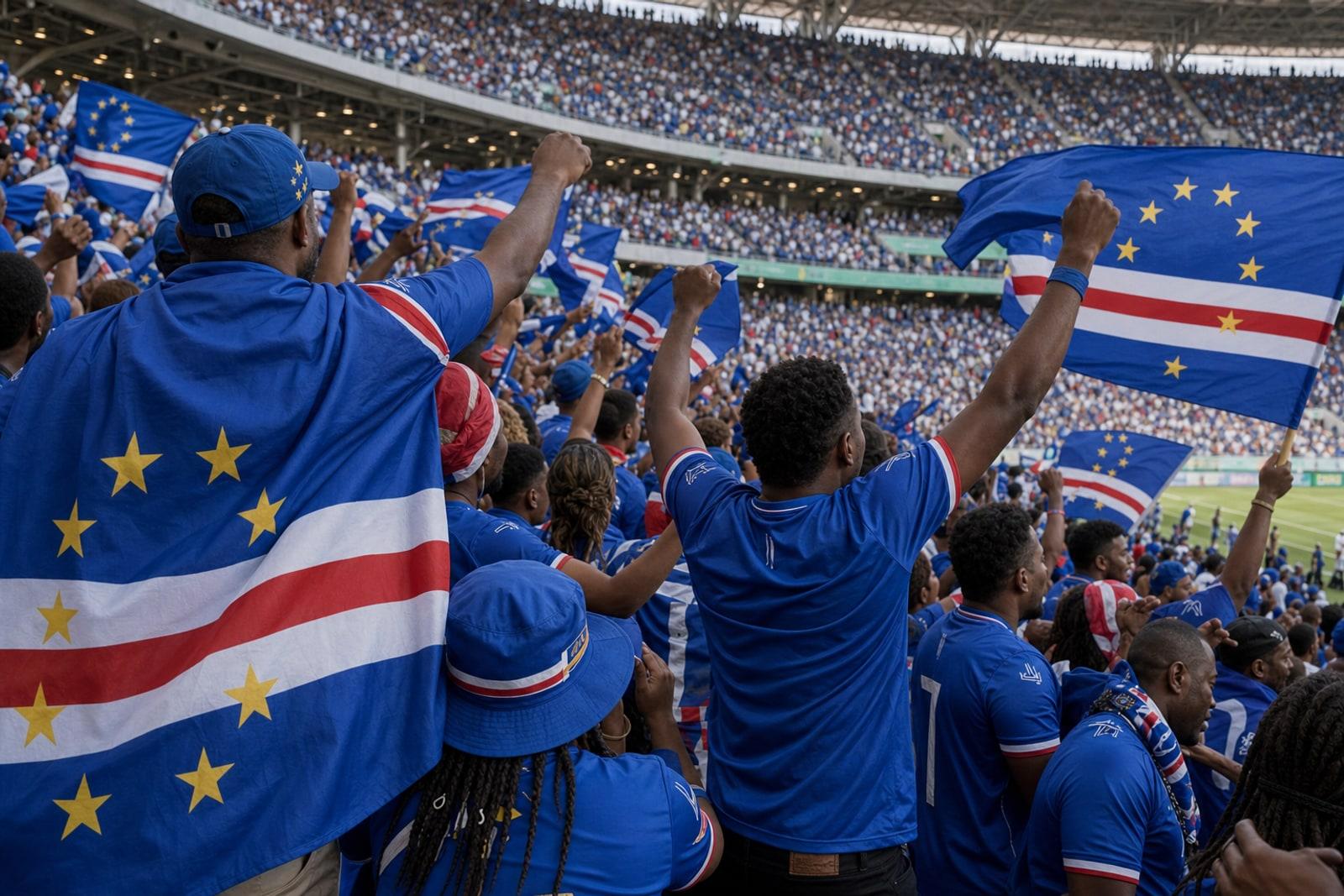 Cape Verde supporters in royal-blue jerseys wave the national flag with its ring of ten golden stars in a packed World Cup stadium.