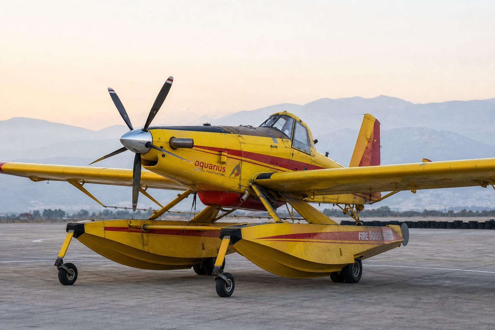 Yellow and red Aquarius Air Tractor Fire Boss aircraft on a Turkish airport apron