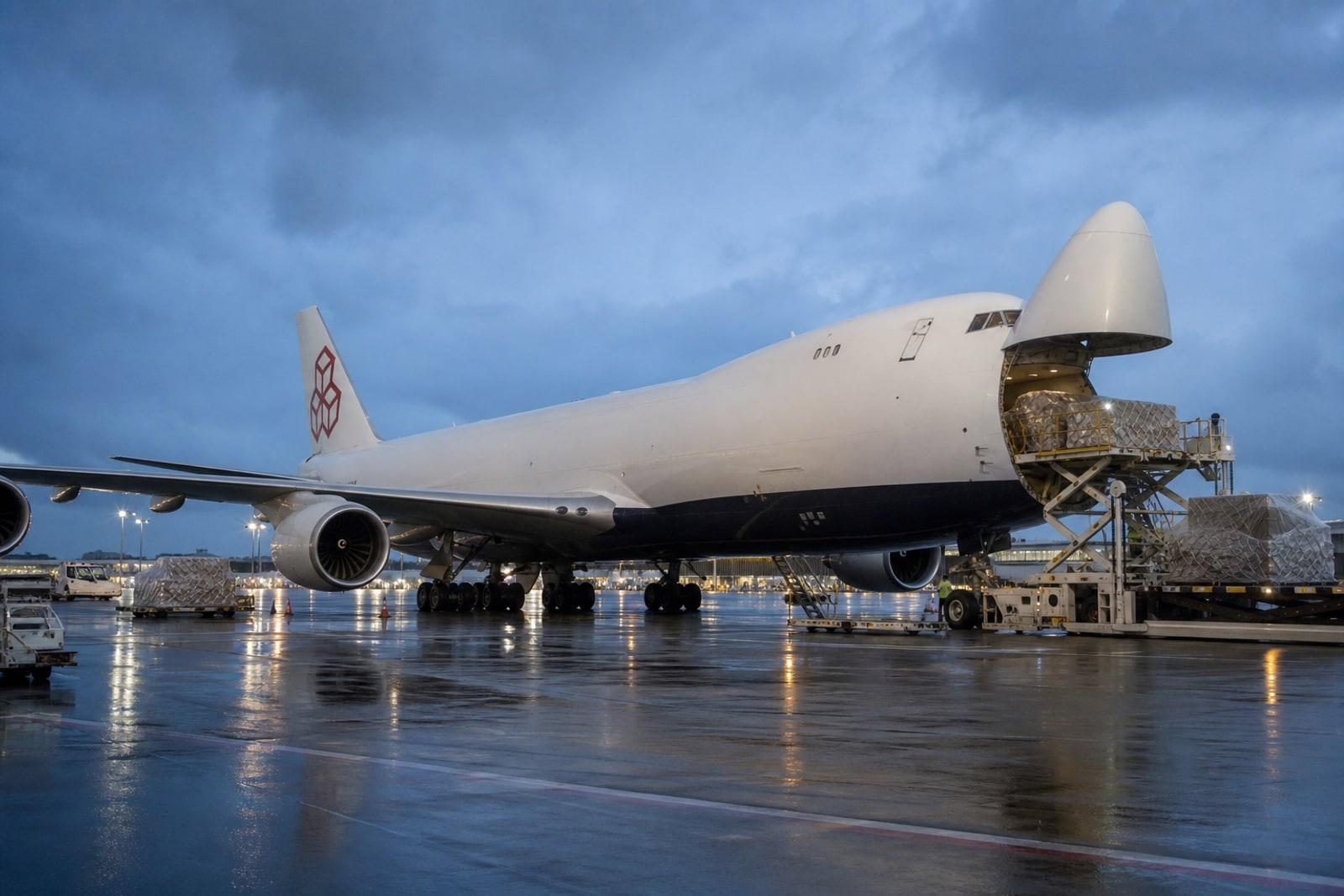 A Cargolux Boeing 747 freighter with its nose cargo door raised on the apron at Luxembourg-Findel Airport at dusk