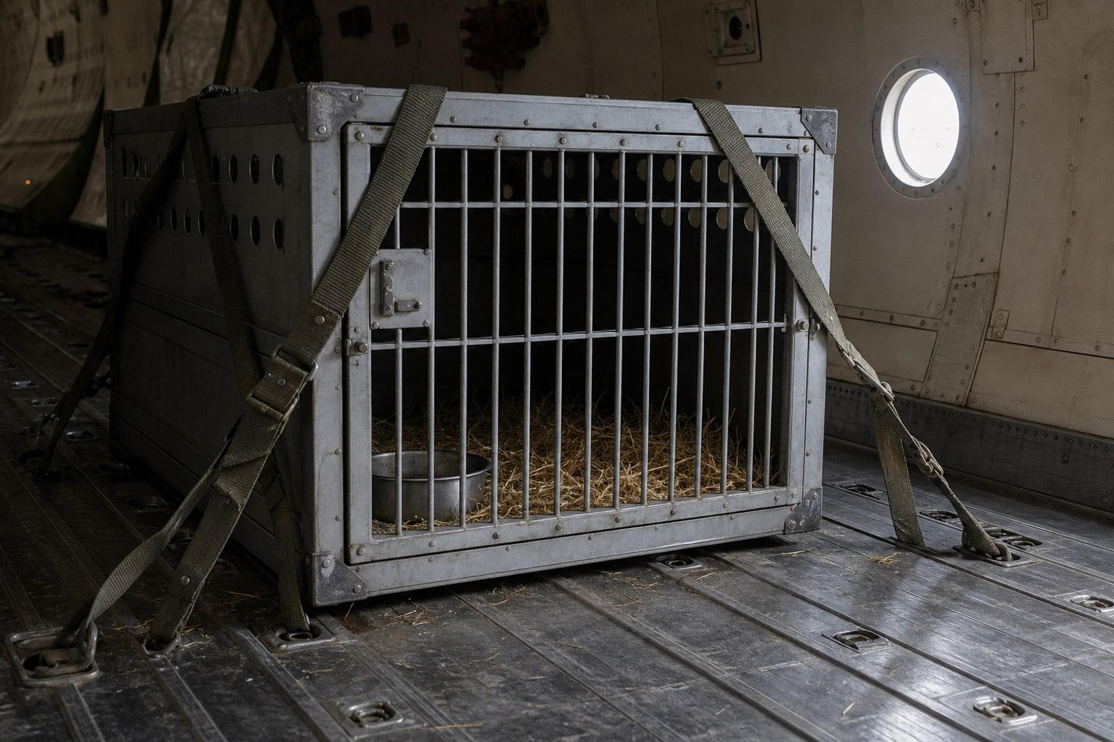 A reinforced live-animal transport crate strapped inside the dim hold of a cargo aircraft, with straw visible through the bars.