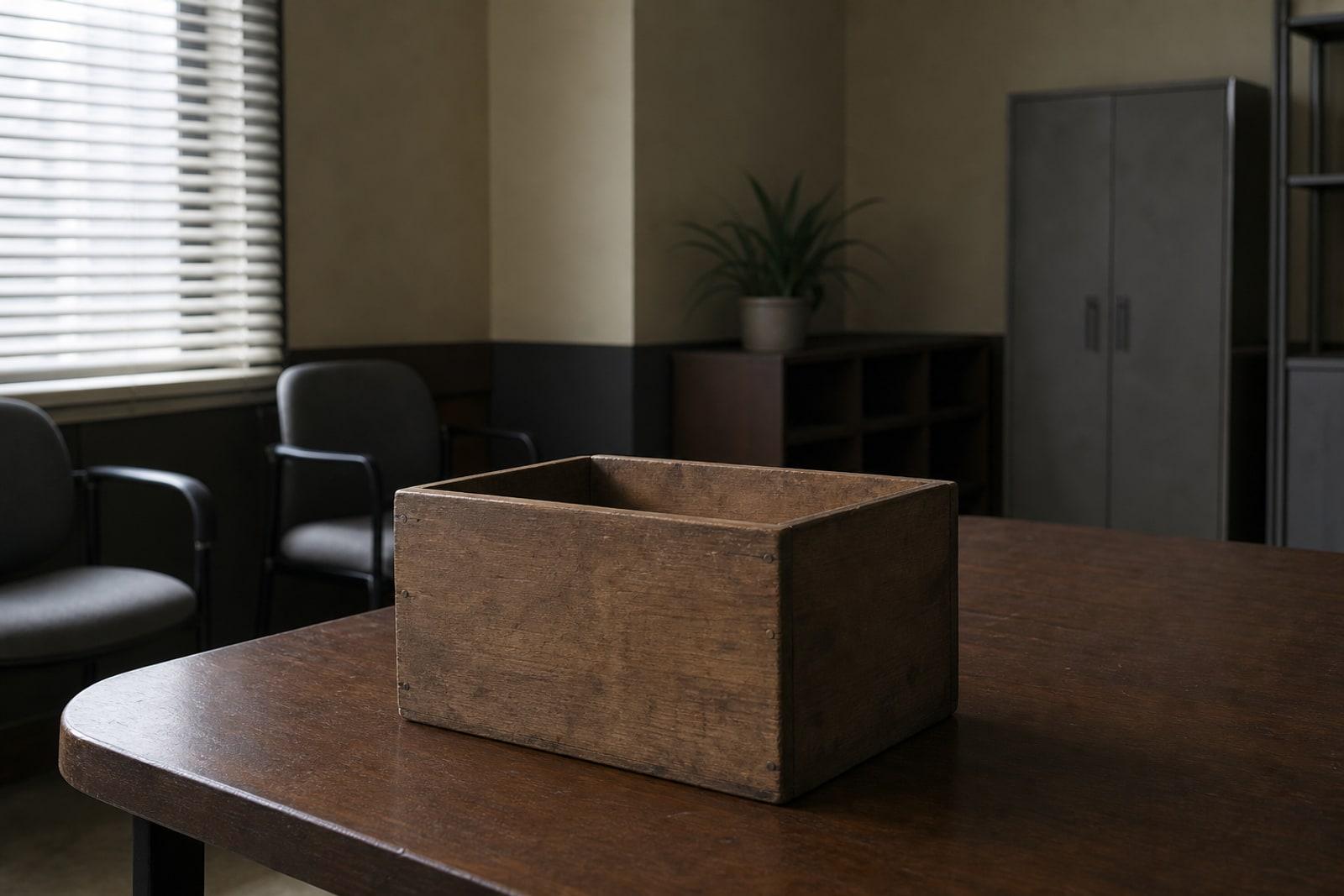 A closed wooden charity donation box on a table in a dim, empty office.
