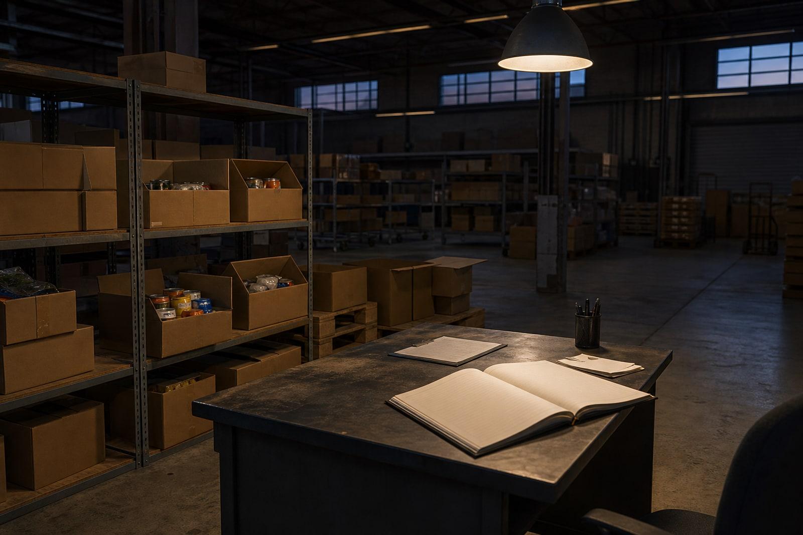 A dimly lit, empty charity warehouse with half-packed relief boxes and a bare desk holding an open ledger.