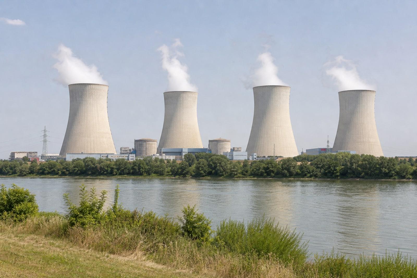 Les quatre tours aéroréfrigérantes de la centrale nucléaire de Cattenom au bord de la Moselle, en France.