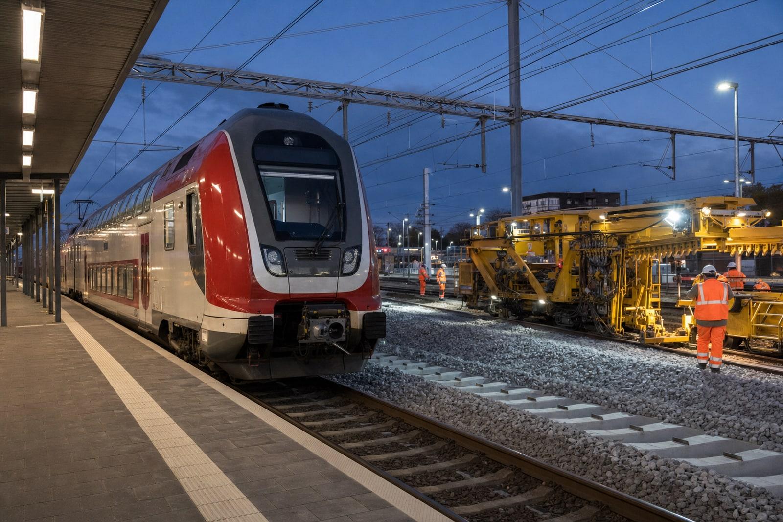 A red-and-white CFL double-deck train at a Luxembourg station platform beside floodlit overnight track-renewal works with ballast, sleepers and a tamping machine