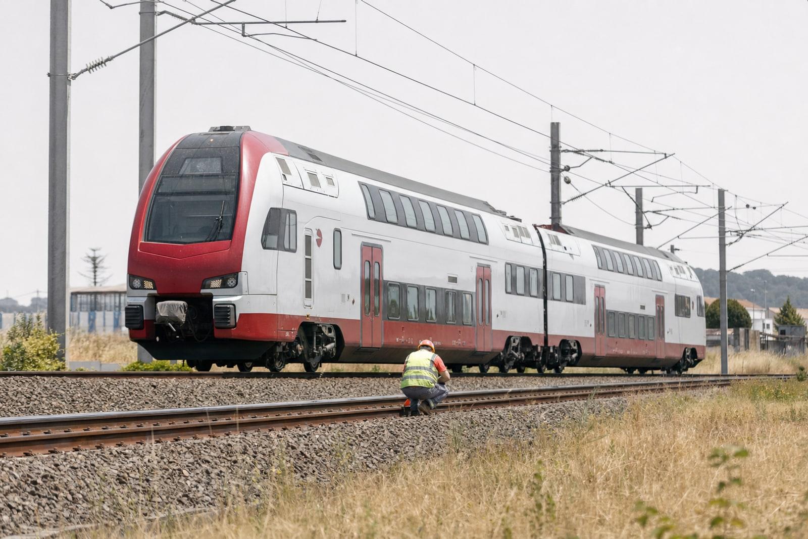 A white-and-grey CFL double-deck regional train with red accents standing idle on open track under a hazy, heat-whitened sky.