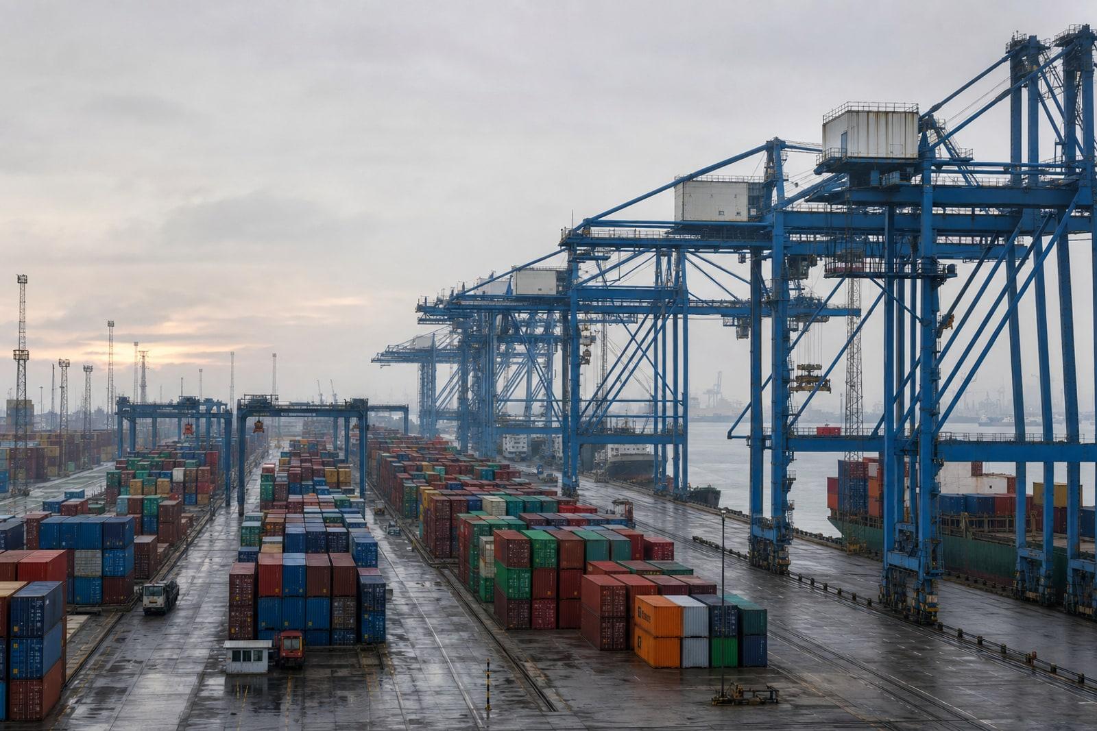 Rows of stacked shipping containers and tall gantry cranes at a Chinese container-port terminal under flat grey light.