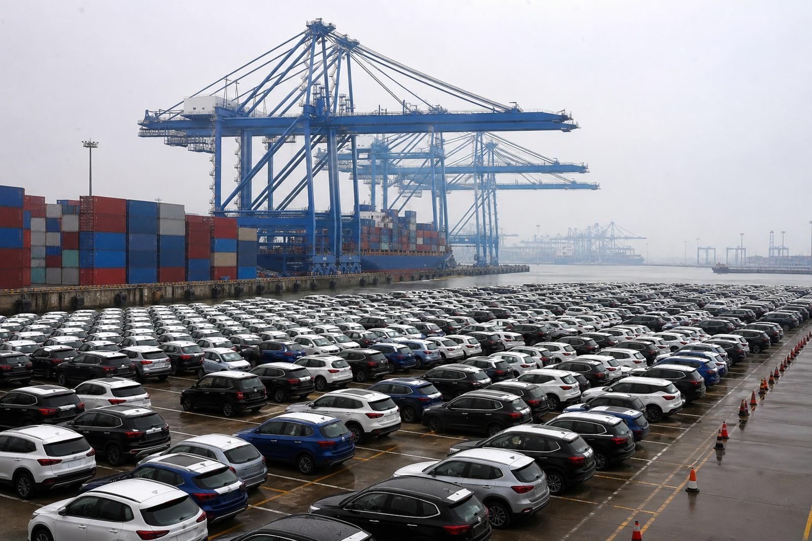 Rows of export-ready cars beside blue container cranes at the Port of Shanghai