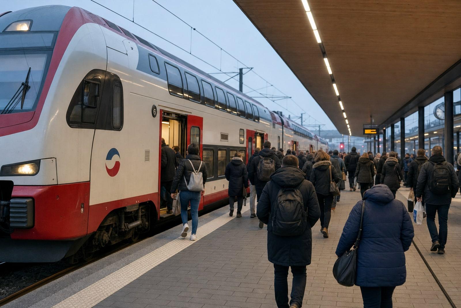 Ein weiß-roter CFL-Regionalzug mit dem CFL-Signet, aus dem Pendler am Luxemburger Hauptbahnhof aussteigen