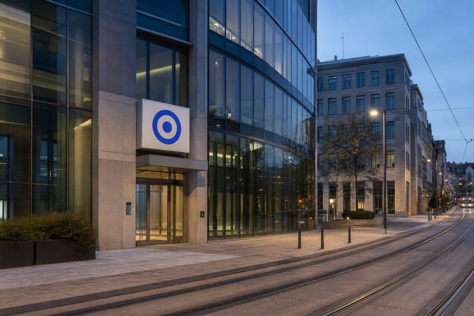 A modern glass-fronted office building on a Luxembourg City boulevard at dusk, its entrance marked with Coinbase's blue circular emblem.
