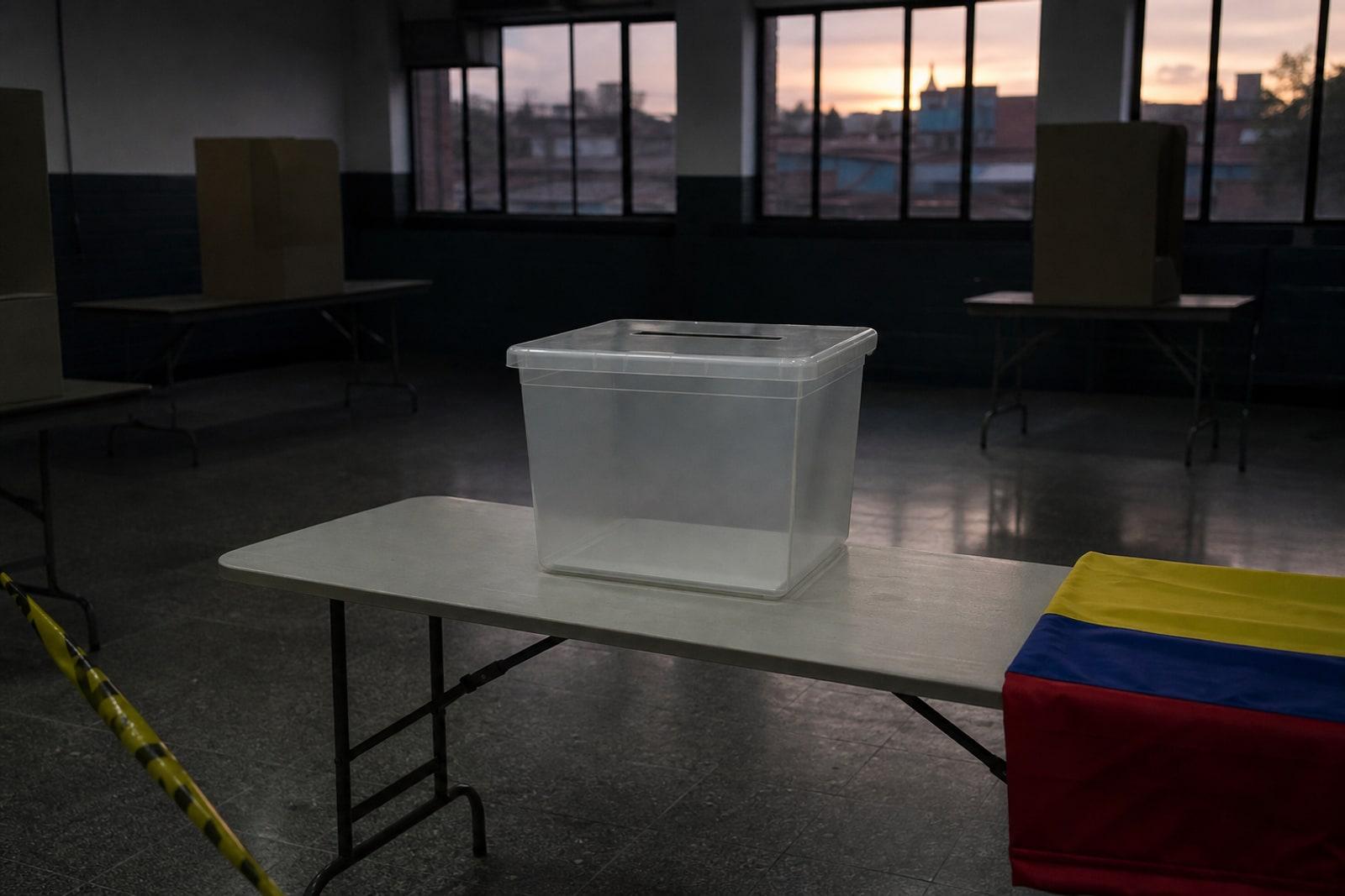 An empty ballot box on a folding table in a dimly lit polling station at dusk, with a folded Colombian flag nearby.