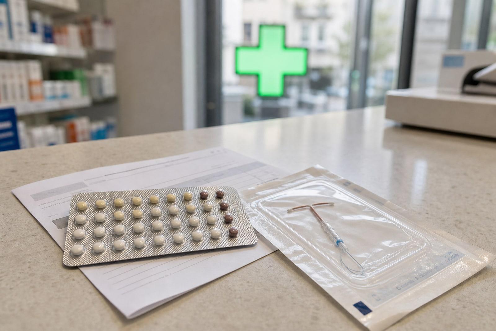 E Blister mat Antibabypëllen, eng Spiral an en Ordonnance-Zettel op enger Lëtzebuerger Apdikttheek, hannendrun dat gréngt Apdikt-Kräiz.