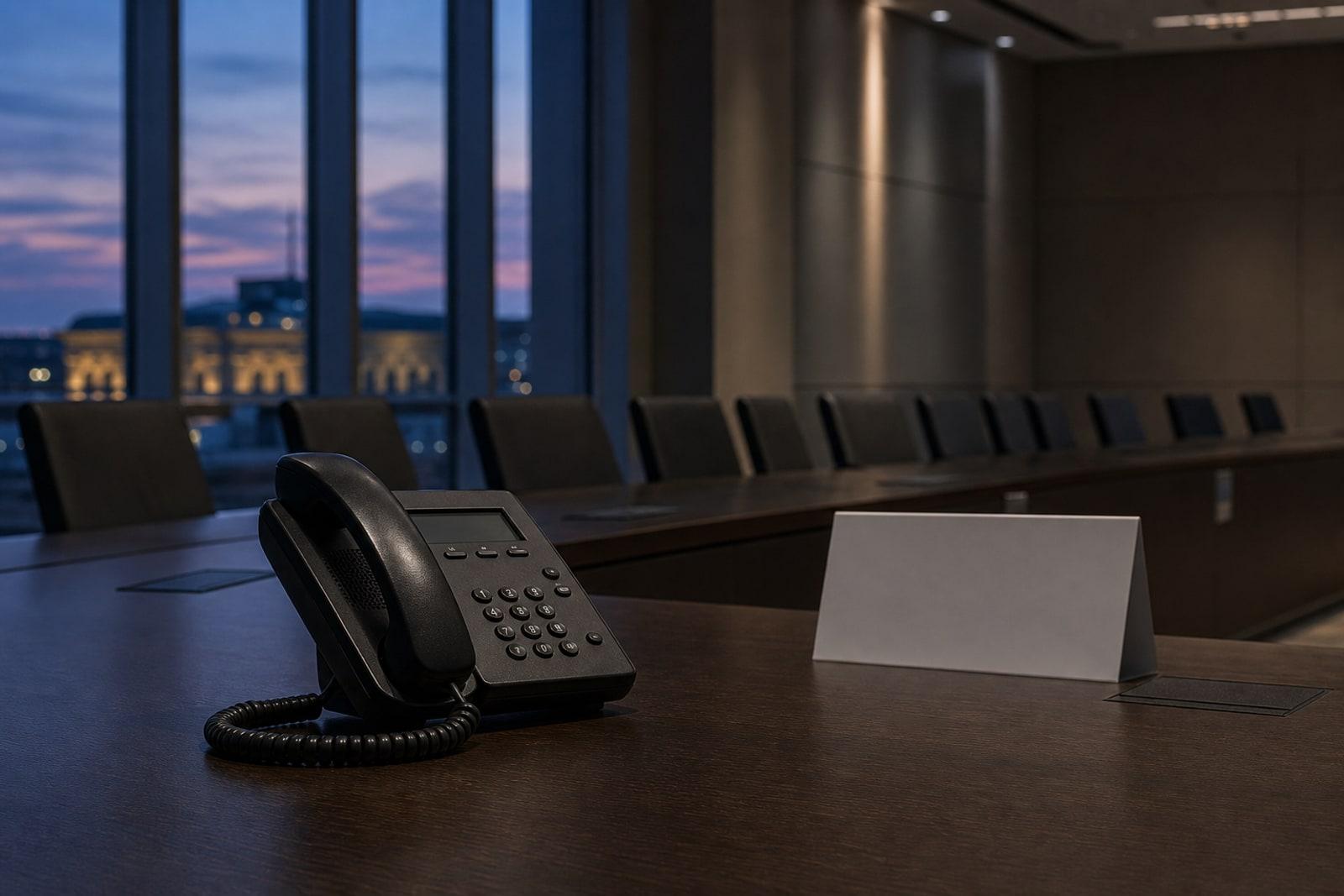 An empty European summit conference room at dusk with an unanswered desk telephone beside rows of vacant chairs.