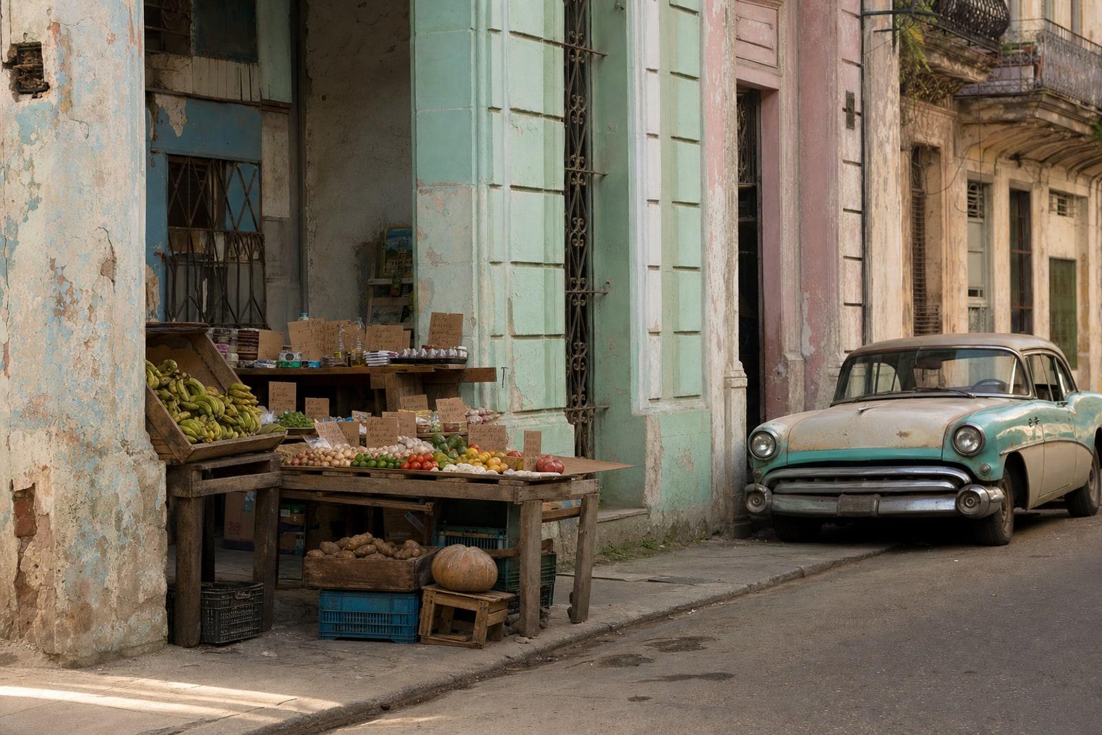A private street vendor's stall in Old Havana with handwritten peso prices beside a peeling pastel colonial building and a vintage American car.