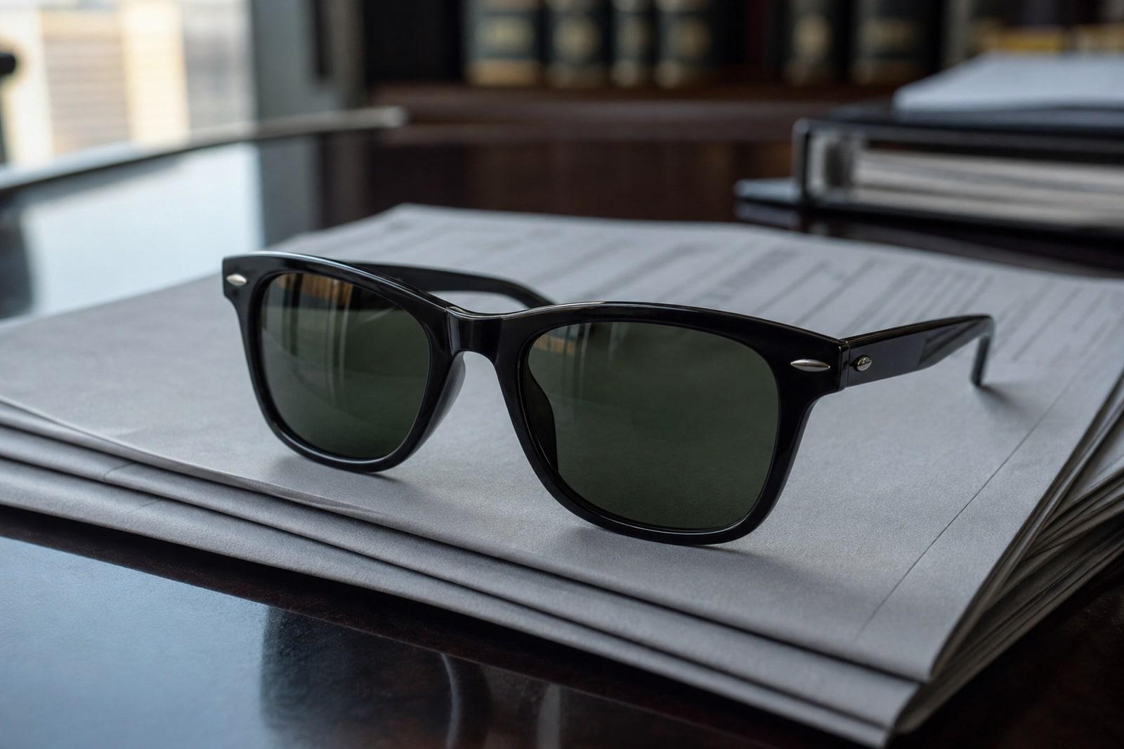 A pair of Ray-Ban Wayfarer sunglasses with a glossy black frame and green-tinted lenses resting on folded legal and financial documents on a dark desk.