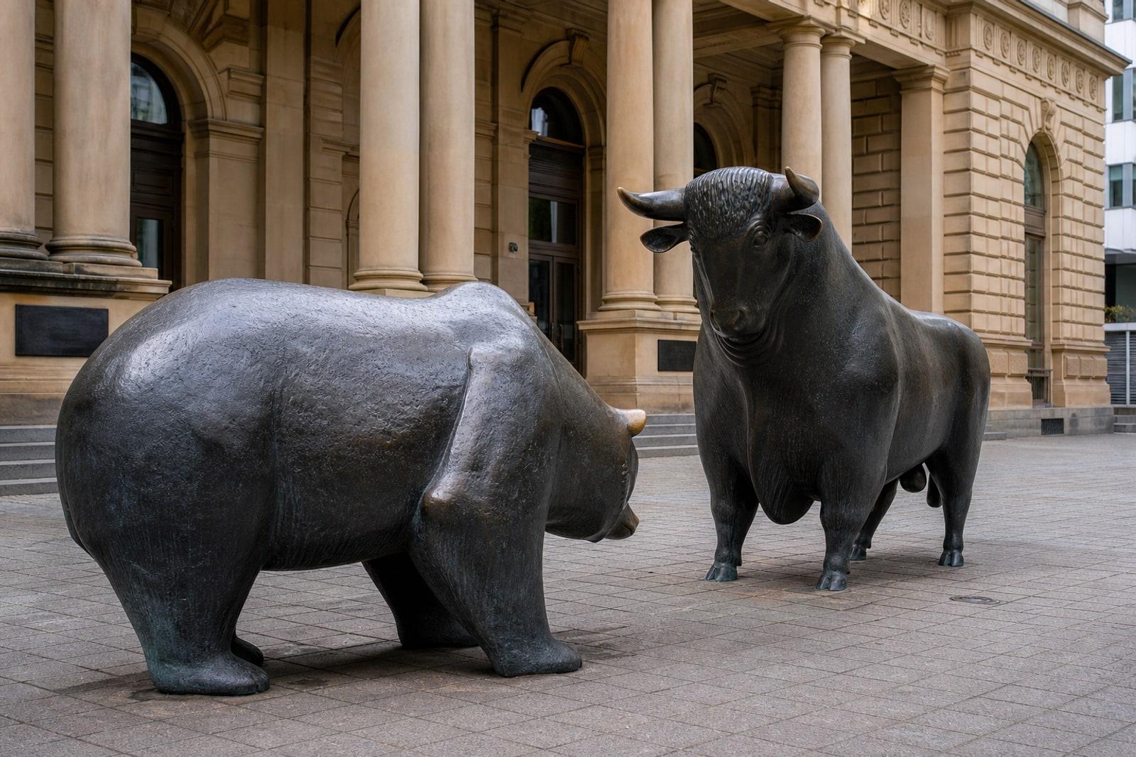 Bronze bull and bear statues on the cobblestones outside the columned neoclassical facade of the Frankfurt Stock Exchange.